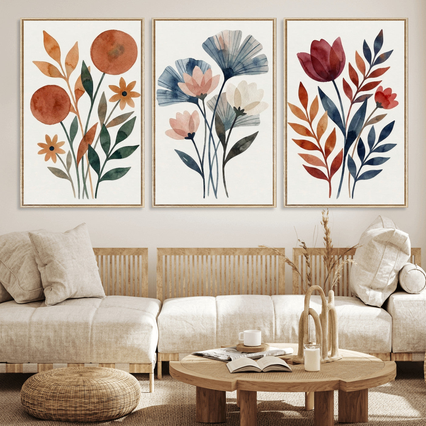 95190931-MGV-CV-60X30-3P - Watercolor Botanical Canvas Wall Art Set, Navy Terracotta Floral Triptych Print, Minimalist Flower Decor, Boho Living Room Art, Scandinavian Nature Print