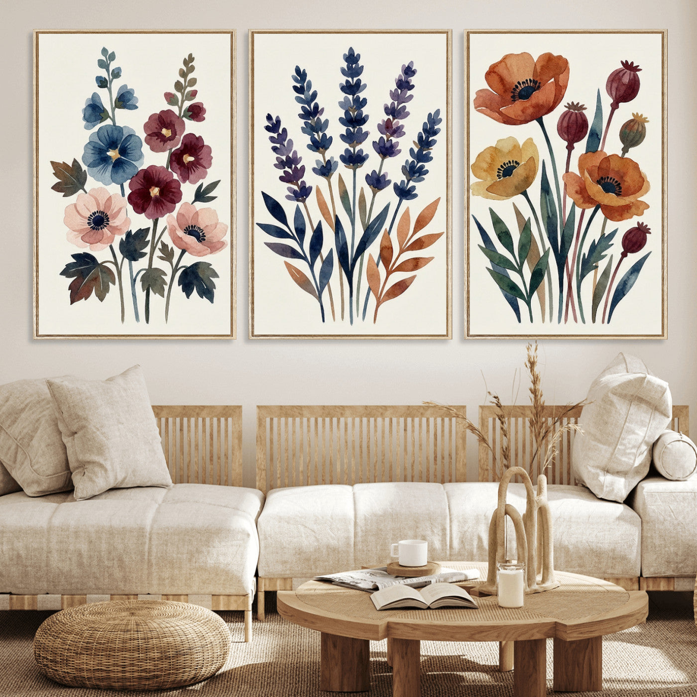 66468390-MGV-CV-60X30-3P - Watercolor Botanical Canvas Wall Art Set, Navy Terracotta Floral Triptych Print, Minimalist Flower Decor, Boho Living Room Art, Scandinavian Nature Print