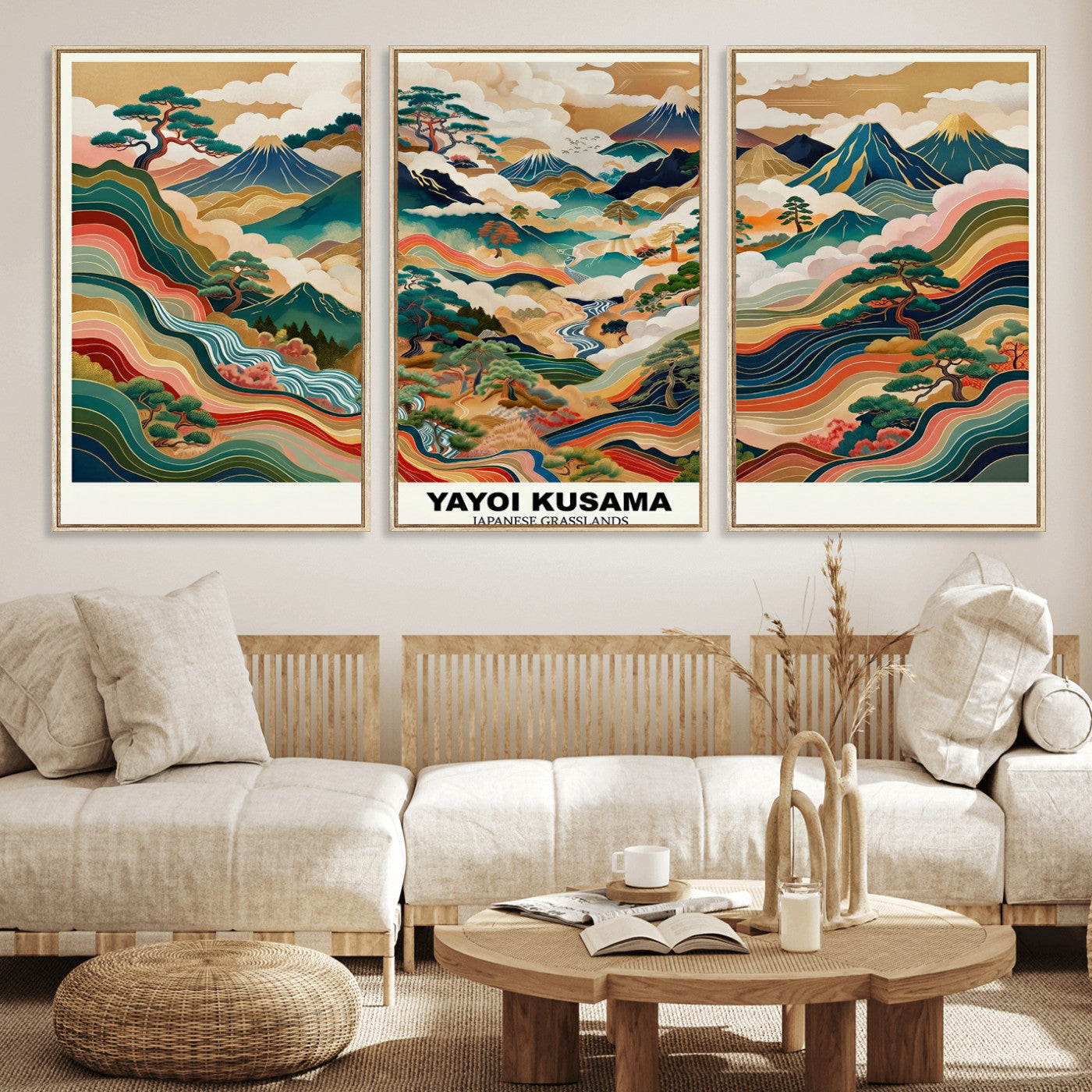 89903380-MGV-CV-60X30-3P - Japanese Grasslands Canvas Wall Art, Kusama Inspired Landscape Print, Colorful Japanese Nature Poster, Ukiyo-e Style Mountain Decor, Asian Art Print