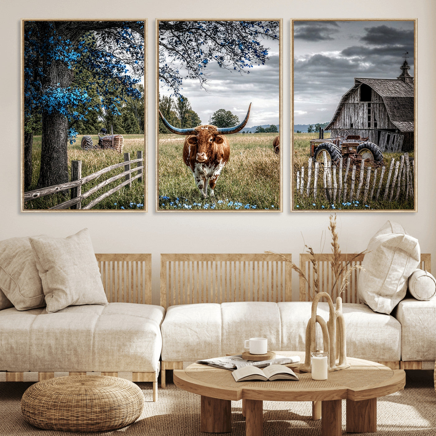 40526446-MGV-CV-60X30-3P - Texas Longhorn Canvas Wall Art, Rustic Farm Barn Bluebonnet Photography Print, Farmhouse Country Decor, Western Ranch Art, Old Truck Tractor Print