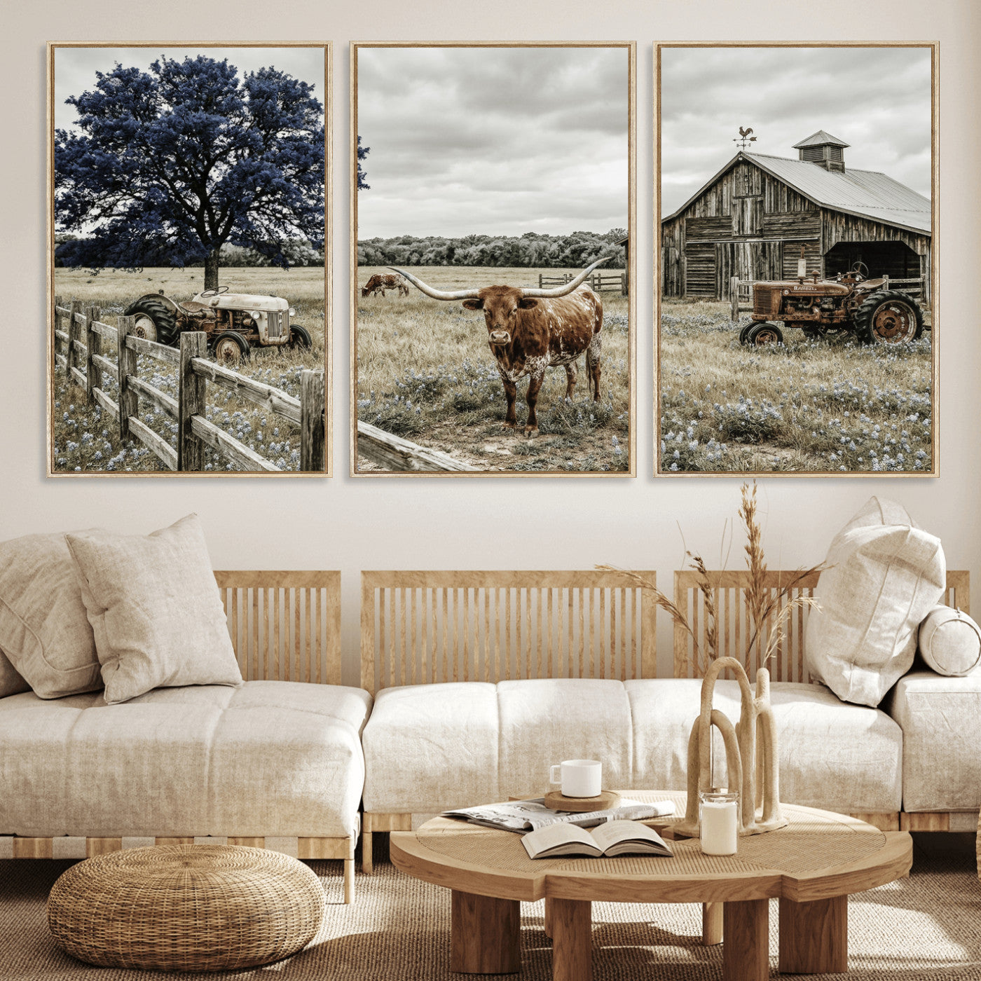 34049737-MGV-CV-60X30-3P - Texas Longhorn Canvas Wall Art, Rustic Farm Barn Bluebonnet Photography Print, Farmhouse Country Decor, Western Ranch Art, Old Truck Tractor Print