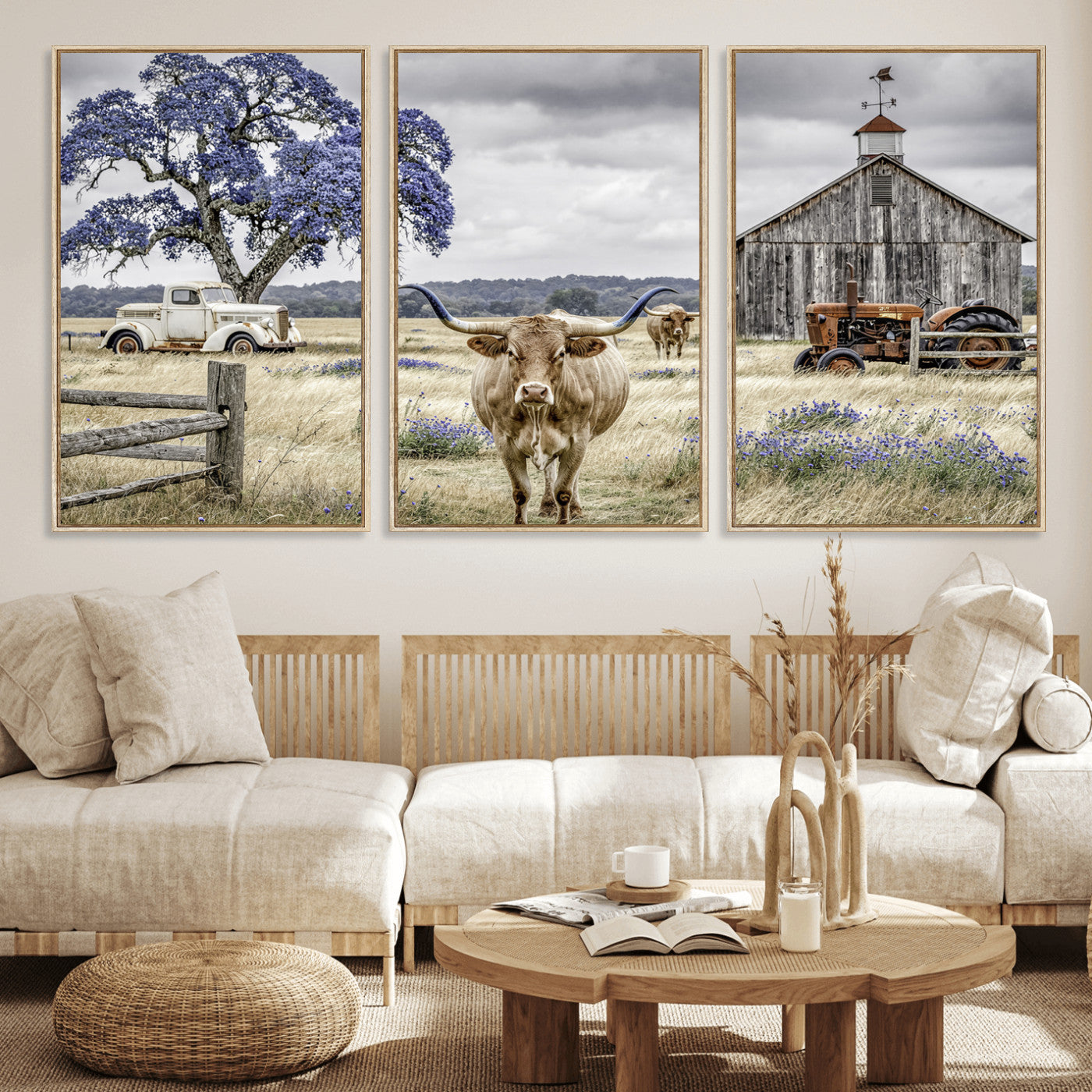 62336425-MGV-CV-60X30-3P - Texas Longhorn Canvas Wall Art, Rustic Farm Barn Bluebonnet Photography Print, Farmhouse Country Decor, Western Ranch Art, Old Truck Tractor Print