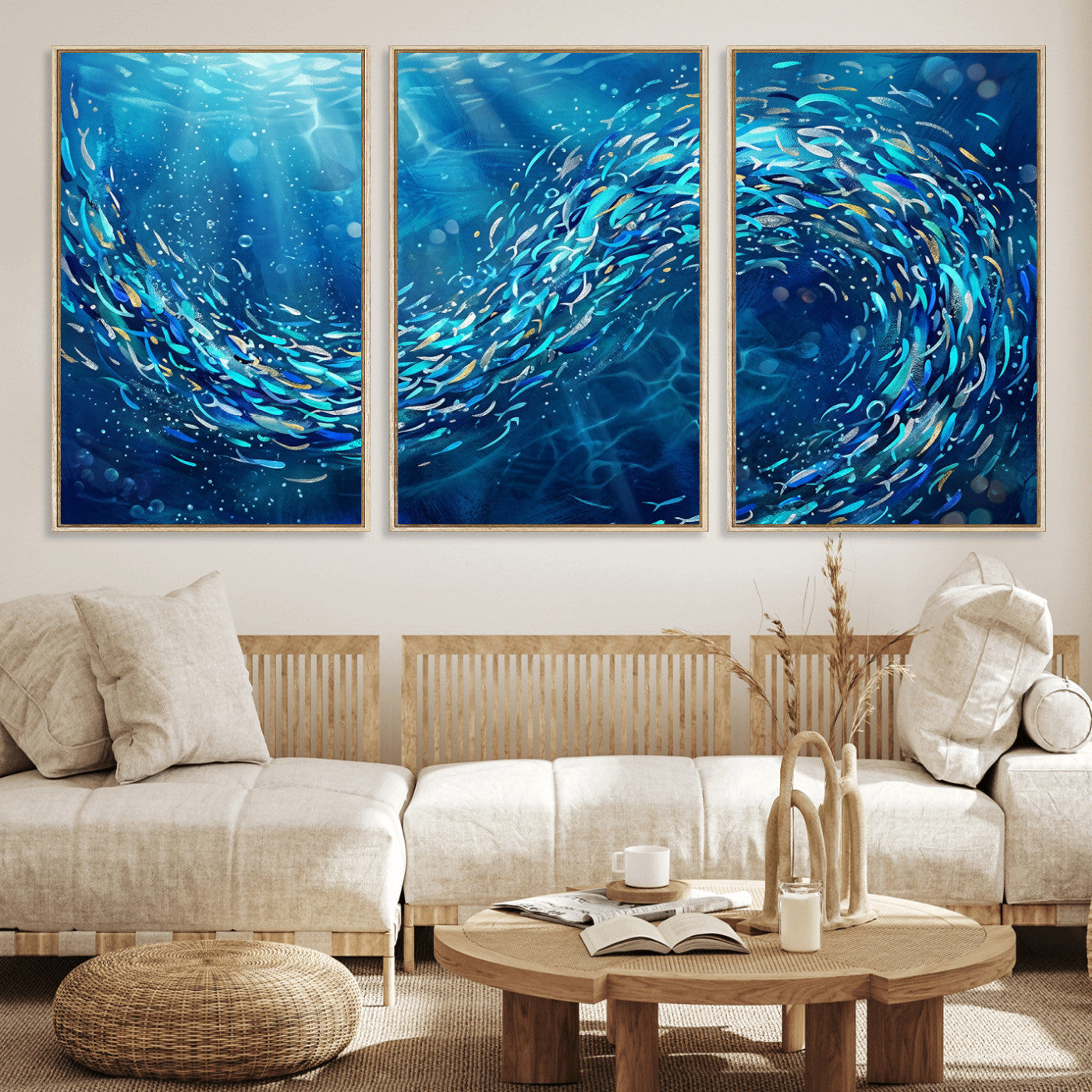 54535639-MGV-CV-36X24 - School of Fish Canvas Print | Blue Ocean Underwater Wall Art | Swirling Fish Shoal Illustration | Marine Navy Coastal Decor