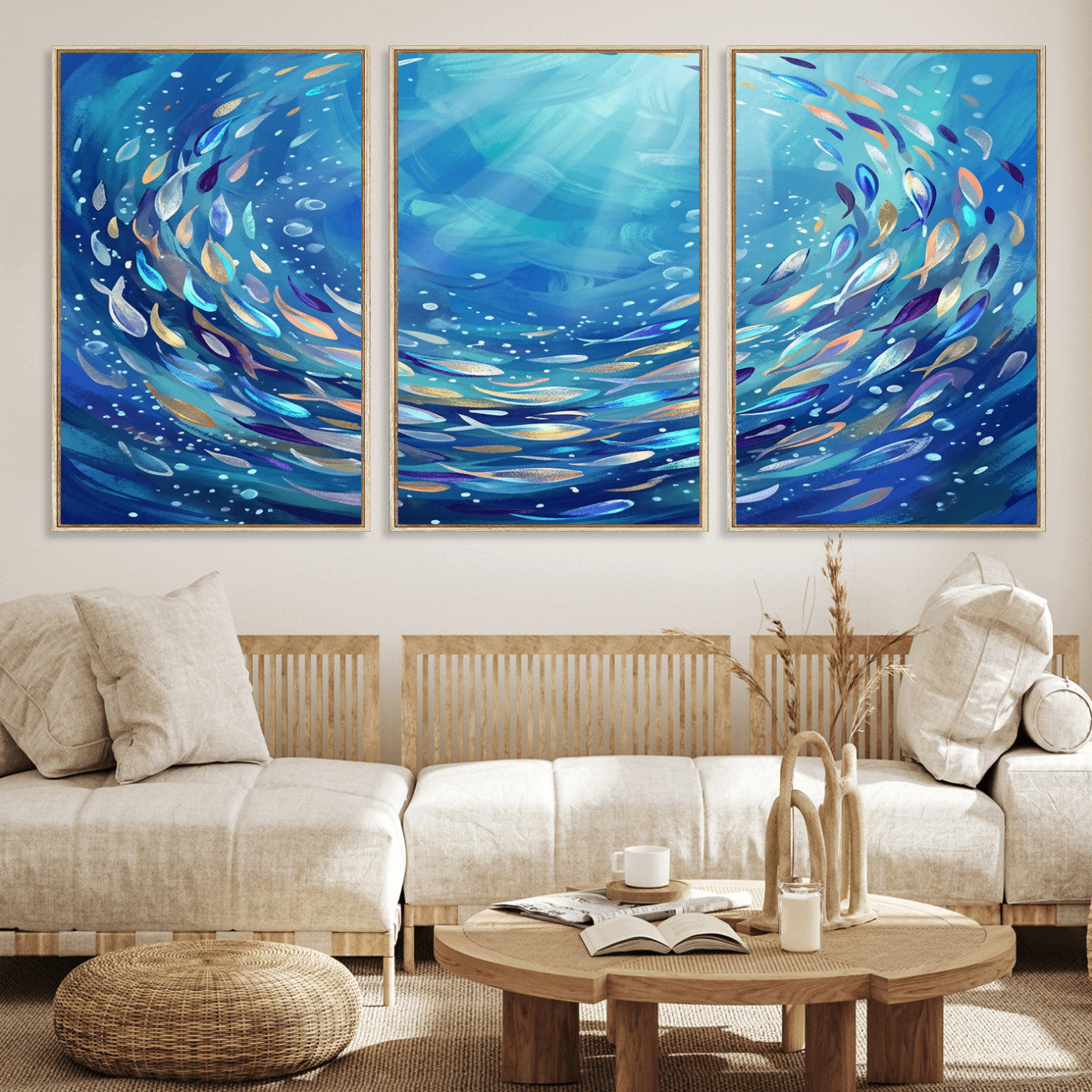 78699899-MGV-CV-36X24 - School of Fish Canvas Print | Blue Ocean Underwater Wall Art | Swirling Fish Shoal Illustration | Marine Navy Coastal Decor