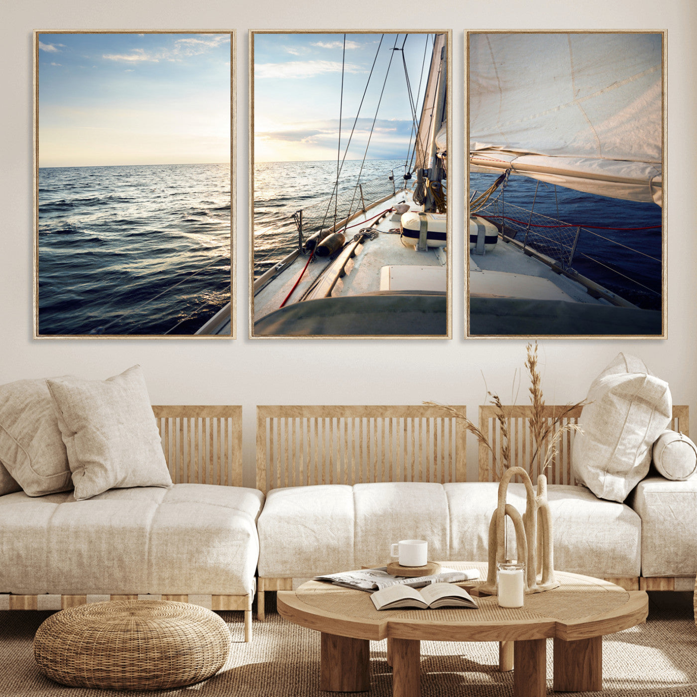 76381335-MGV-CV-36X24 - Sailboat Wall Art Canvas Print, Ocean Sunset Sailing Framed Artwork, Coastal Nautical Seascape Decor for Living Room Office Beach House