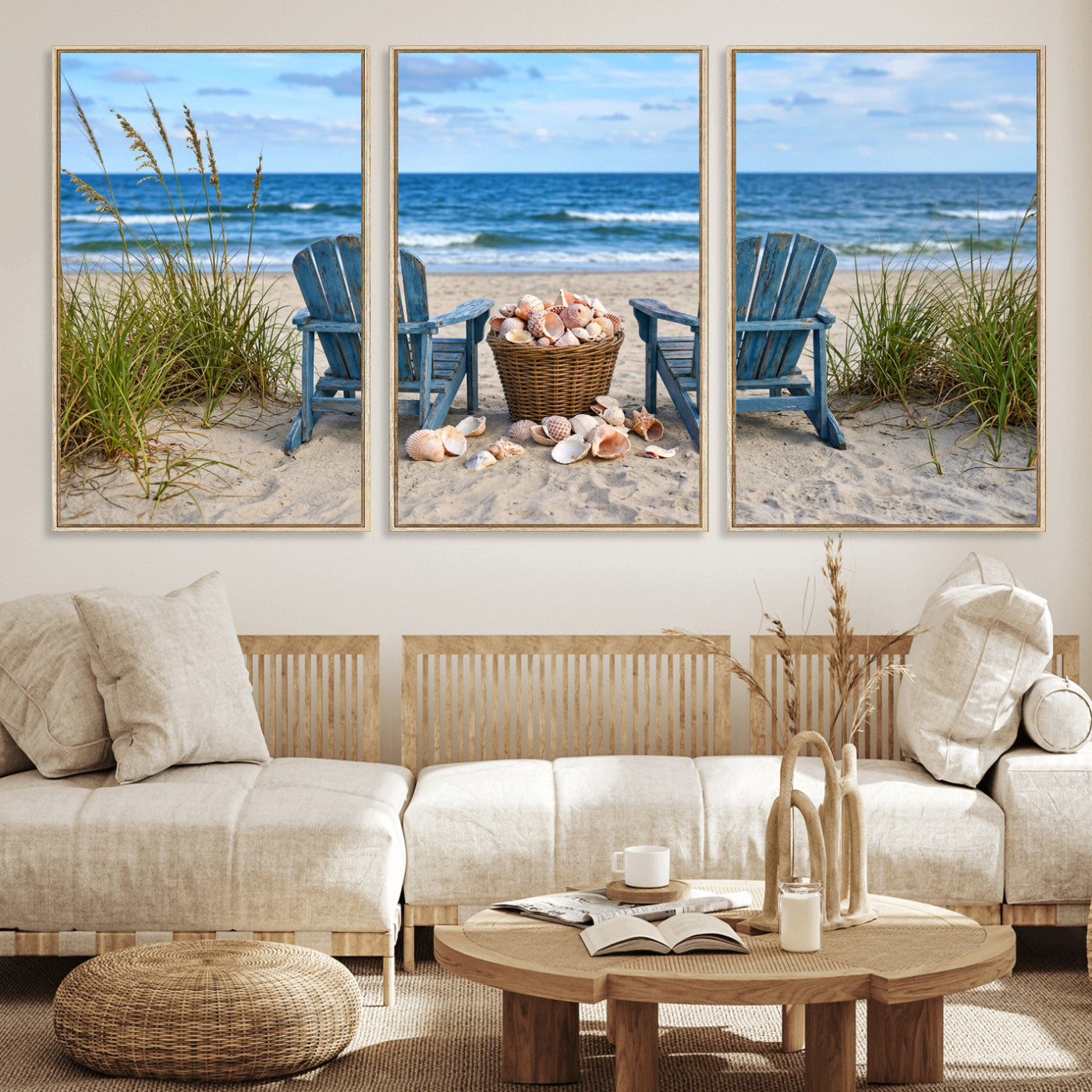 80268829-MGV-CV-36X24 - Large Beach Canvas Wall Art Coastal Adirondack Chairs Ocean Seashells Blue Nautical Framed Large for Living Room Bedroom Bathroom Decor