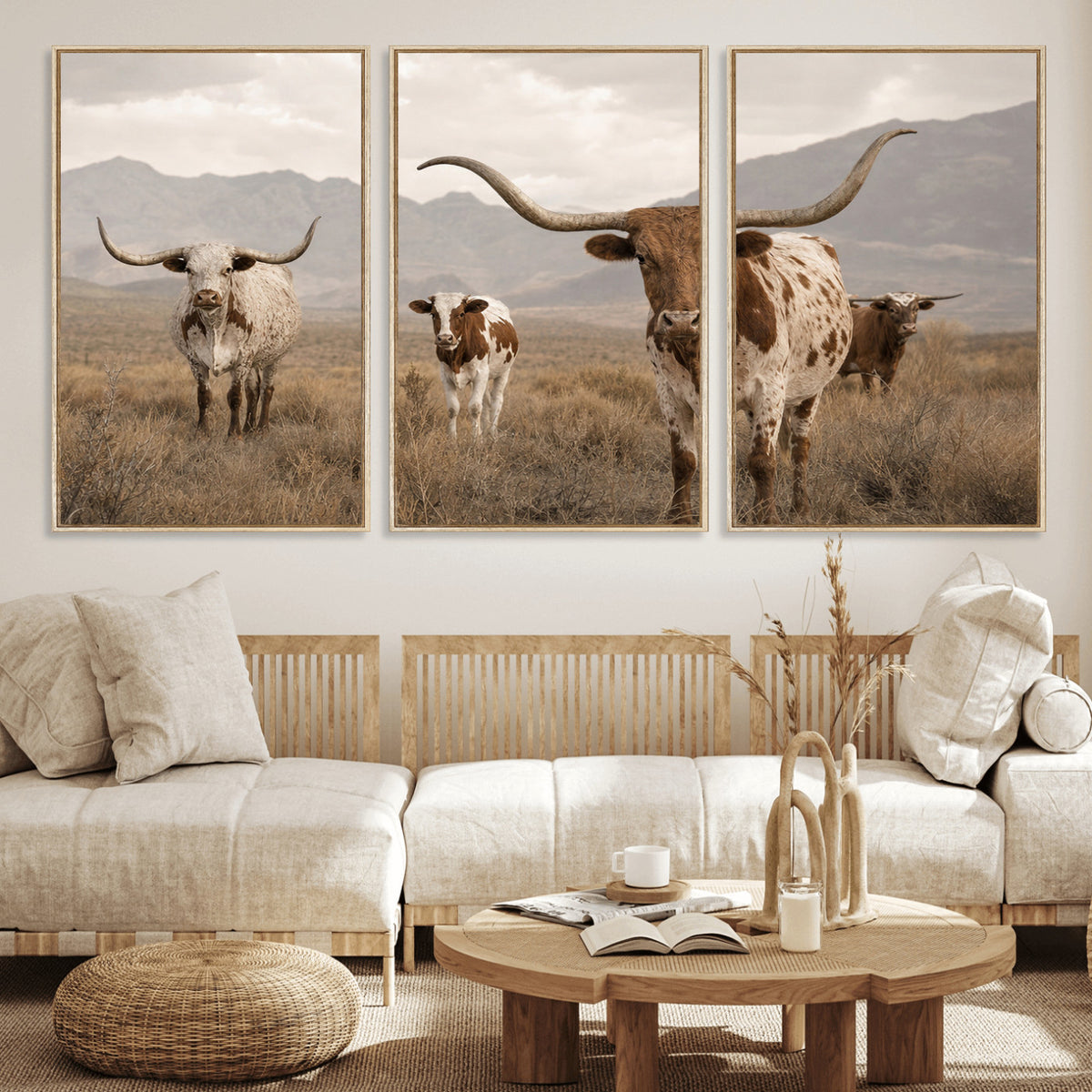 62336425AD-MGV-CV-36X24 - Rustic Texas Longhorn Cow Canvas Wall Art Print, Rustic Farm Animal Photography Print, Farmhouse Country Decor, Western Ranch Art