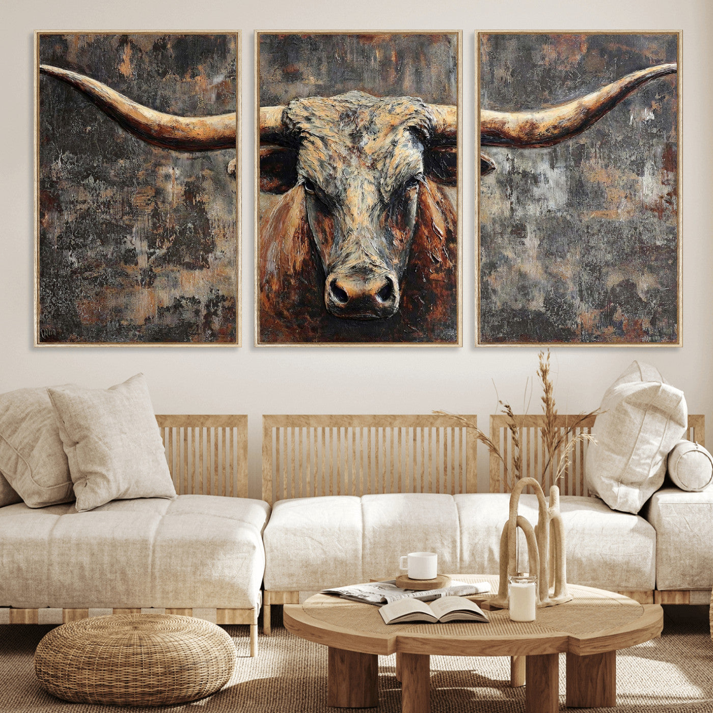 34202127RS-MGV-CV-60X30-3P - Texas Longhorn Skull Canvas Wall Art Rustic Western Decor Print