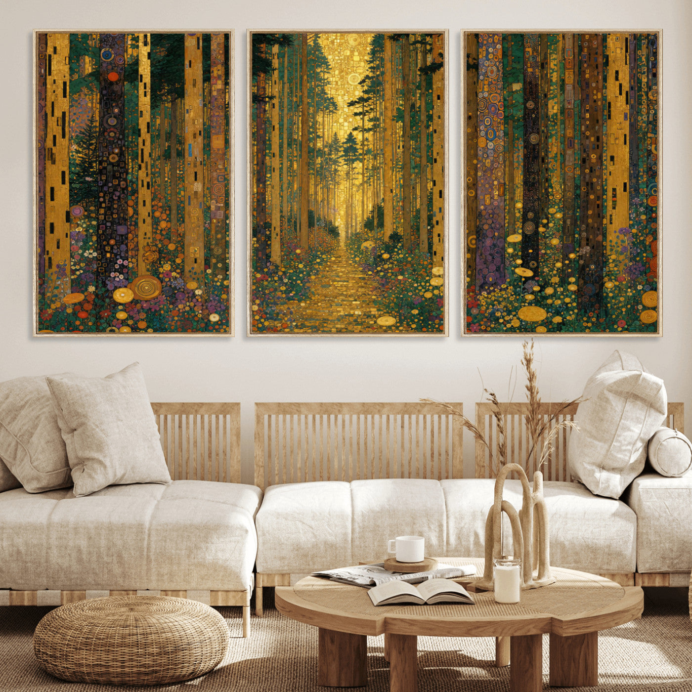 79483321G-MGV-CV-48X32-3P - Gustav Klimt Style Forest Canvas Wall Art, Golden Forest Path Floral Art Nouveau Print, Enchanted Woodland Decor