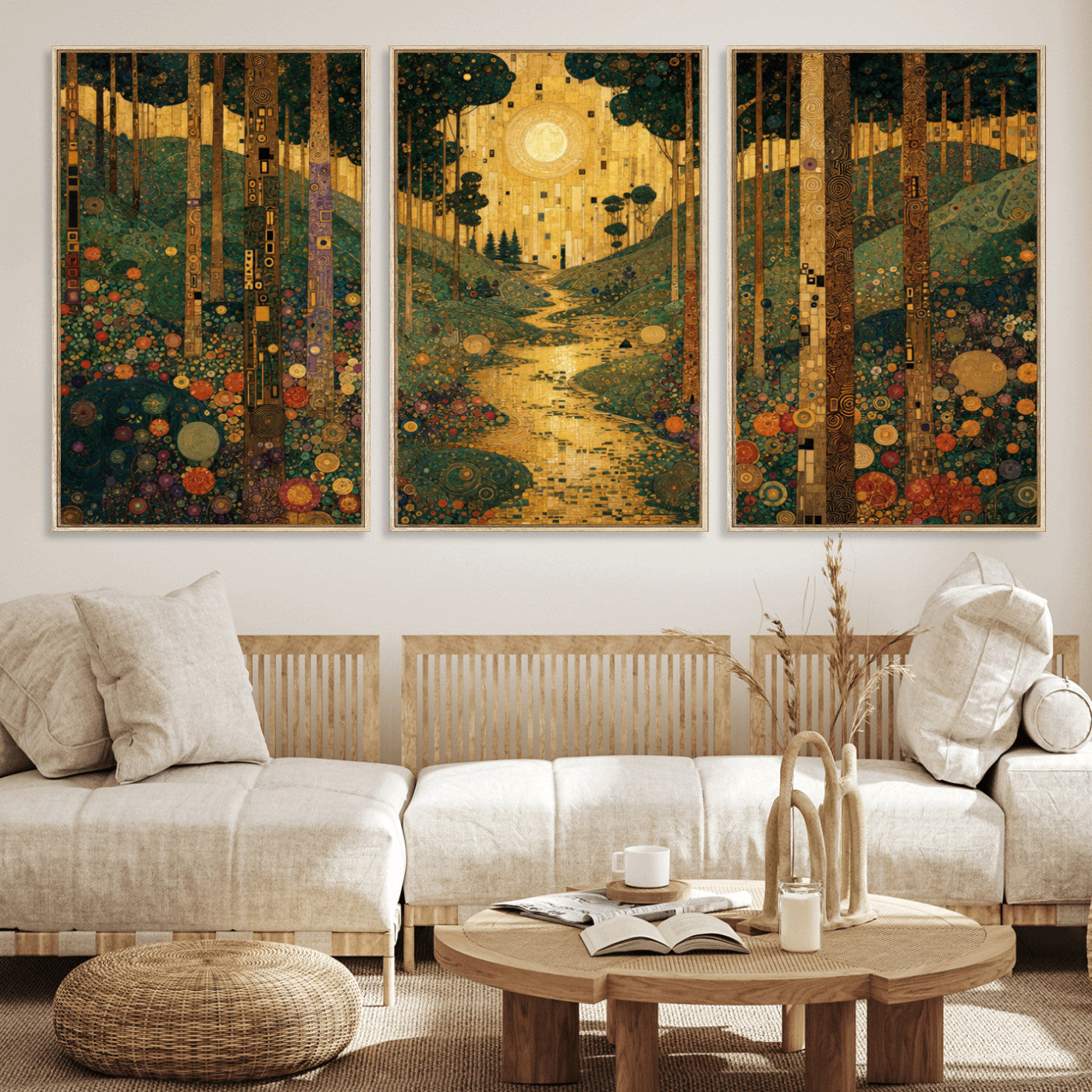 79483321GS-MGV-CV-48X32-3P - Gustav Klimt Style Forest Canvas Wall Art, Golden Forest Path Floral Art Nouveau Print, Enchanted Woodland Decor