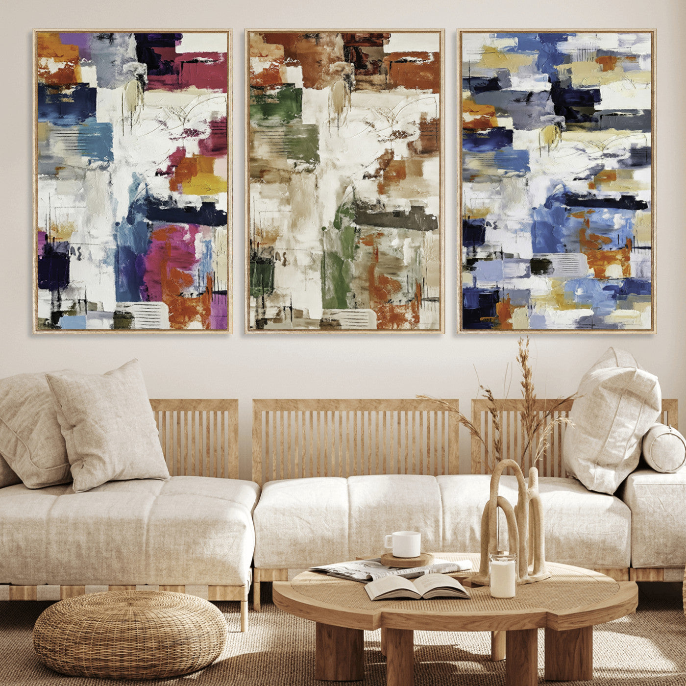 33267833-MGV-CV-60X30-3P - Blue Teal Abstract Canvas Wall Art, Modern Textured Painting Print, Navy Orange White Contemporary Art, Neutral Living Room Decor, Office Art