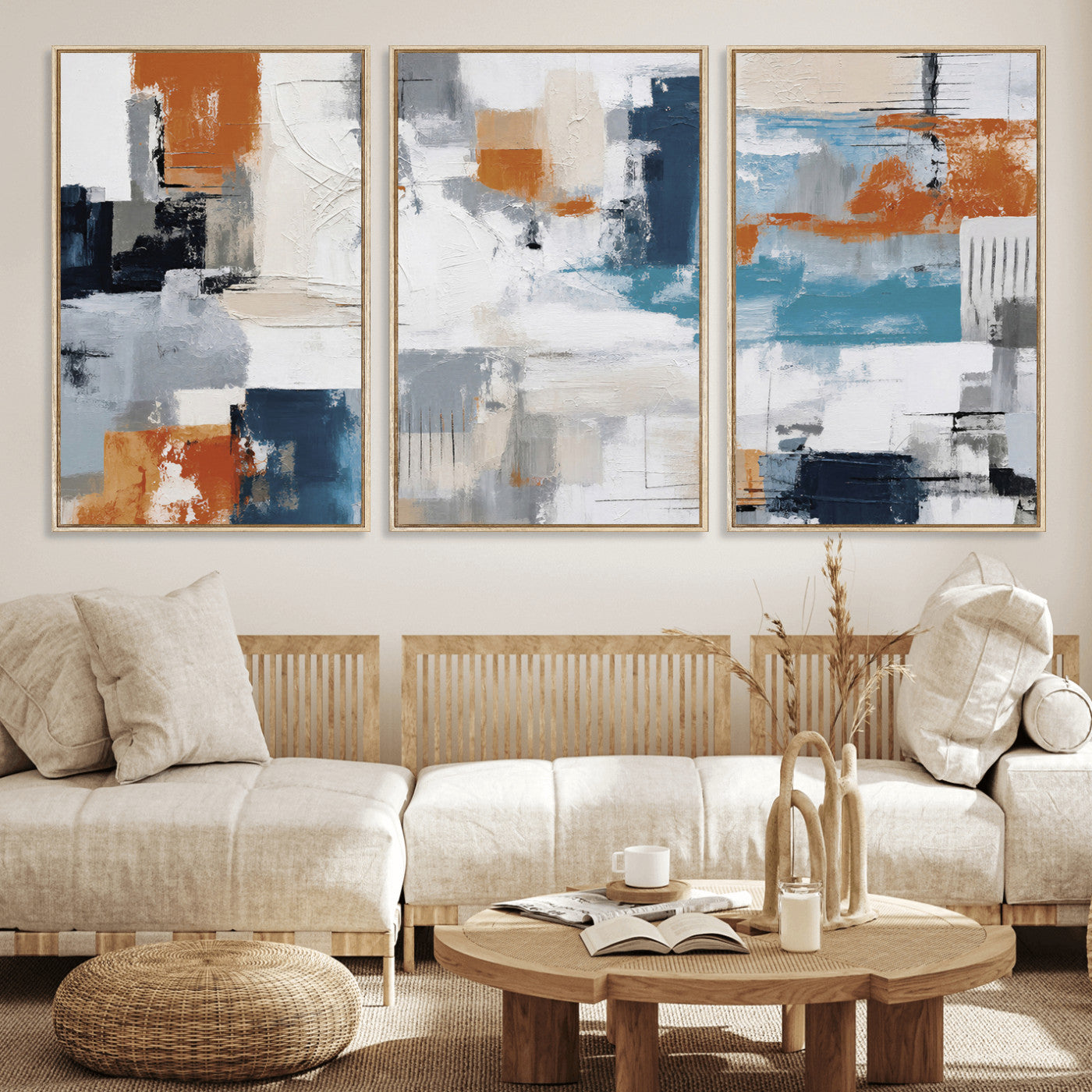 44950303-MGV-CV-36X24 - Blue Teal Abstract Canvas Wall Art, Modern Textured Painting Print, Navy Orange White Contemporary Art, Neutral Living Room Decor, Office Art