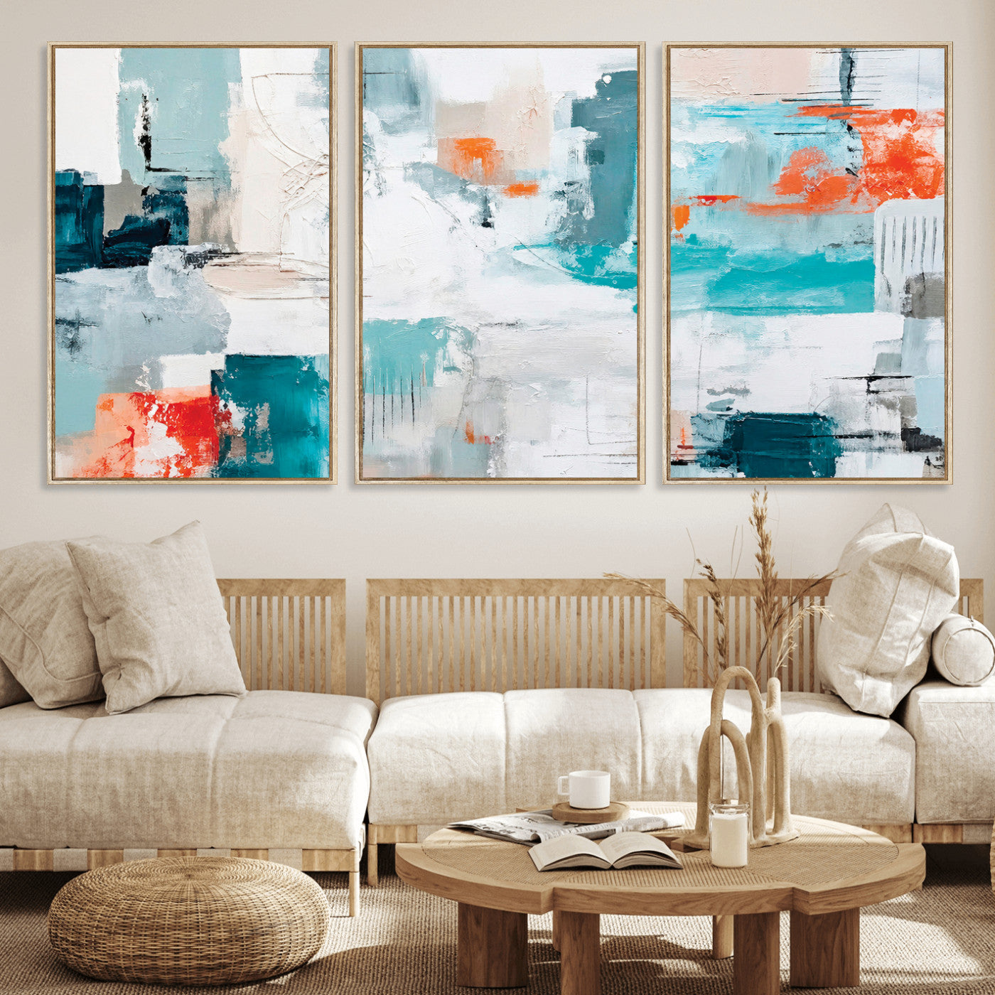 98638479-MGV-CV-36X24 - Blue Teal Abstract Canvas Wall Art | Modern Textured Painting Print, Navy Orange White Contemporary Art, Neutral Living Room Decor, Office Art