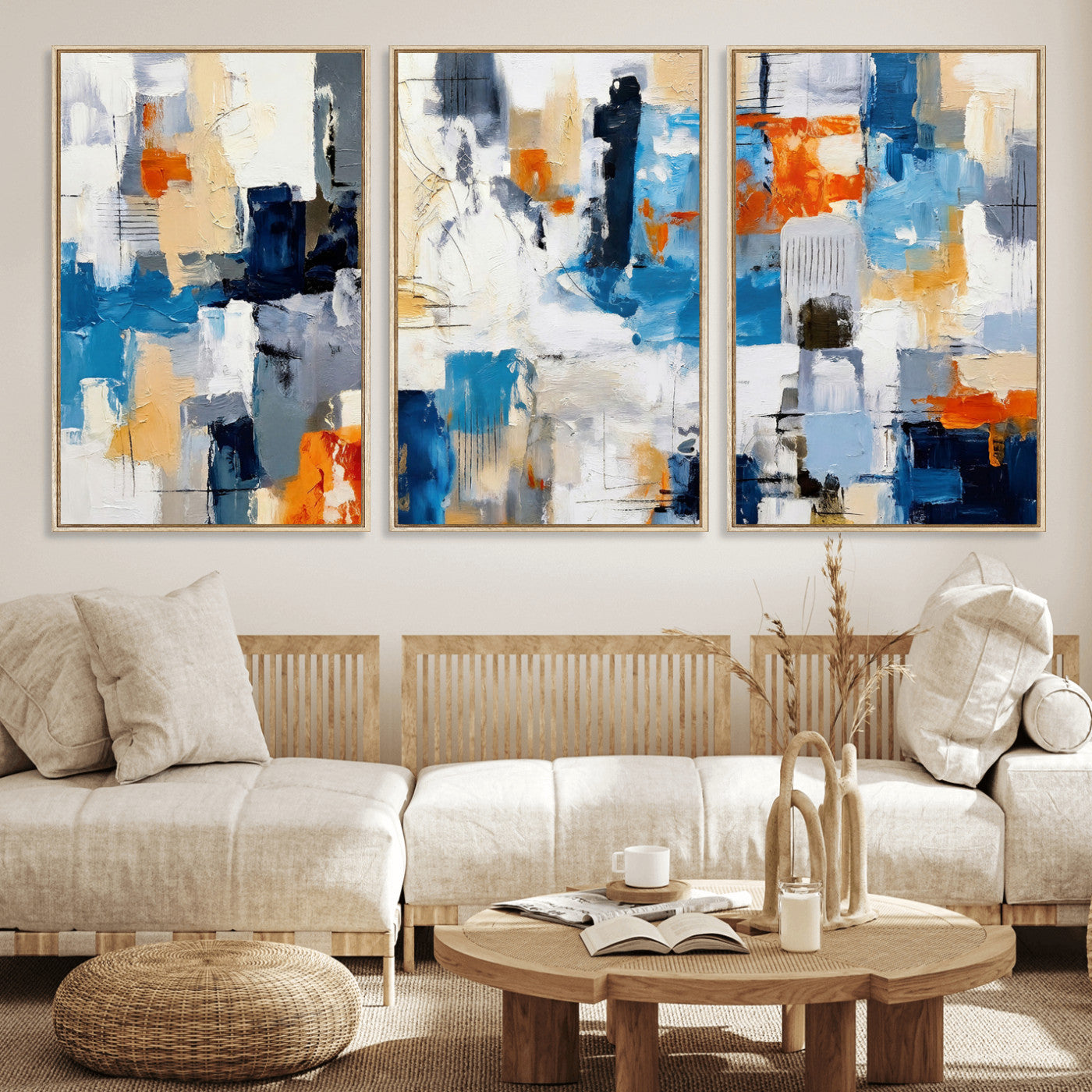 83915061-MGV-CV-36X24 - Blue Teal Abstract Canvas Wall Art, Modern Textured Painting Print, Navy Orange White Contemporary Art, Neutral Living Room Decor, Office Art