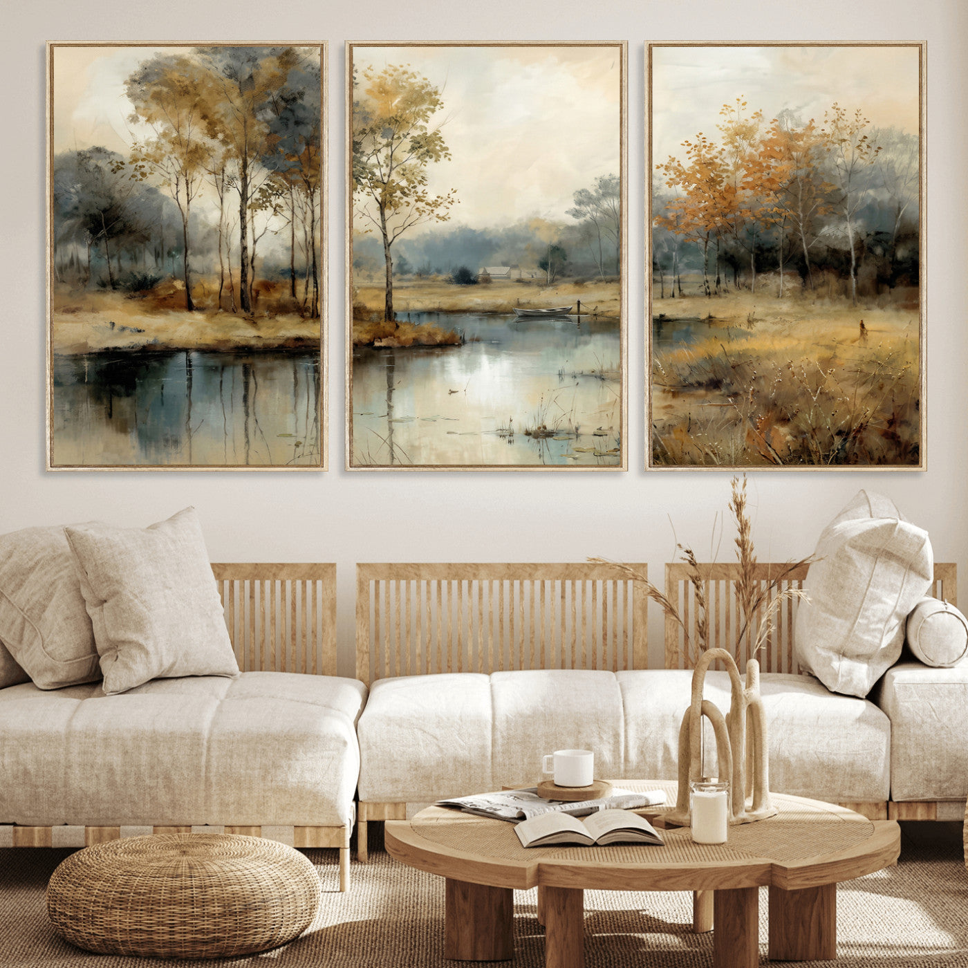74391095-MGV-CV-36X24 - Abstract WatercolorAutumn Lake Canvas Wall Art Print, Misty Forest Landscape, Rustic Nature Painting, Cabin Wall Decor, Ready to Hang