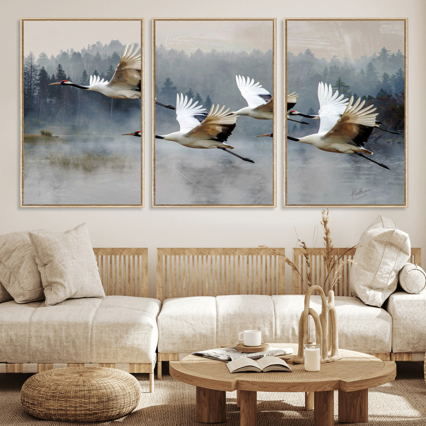 24356826-MGV-CV-36X24 - Flying Crane Canvas Wall Art Print, White Crane Bird Artwork, Wildlife Nature Decor, Lake Landscape Canvas - Ready to Hang
