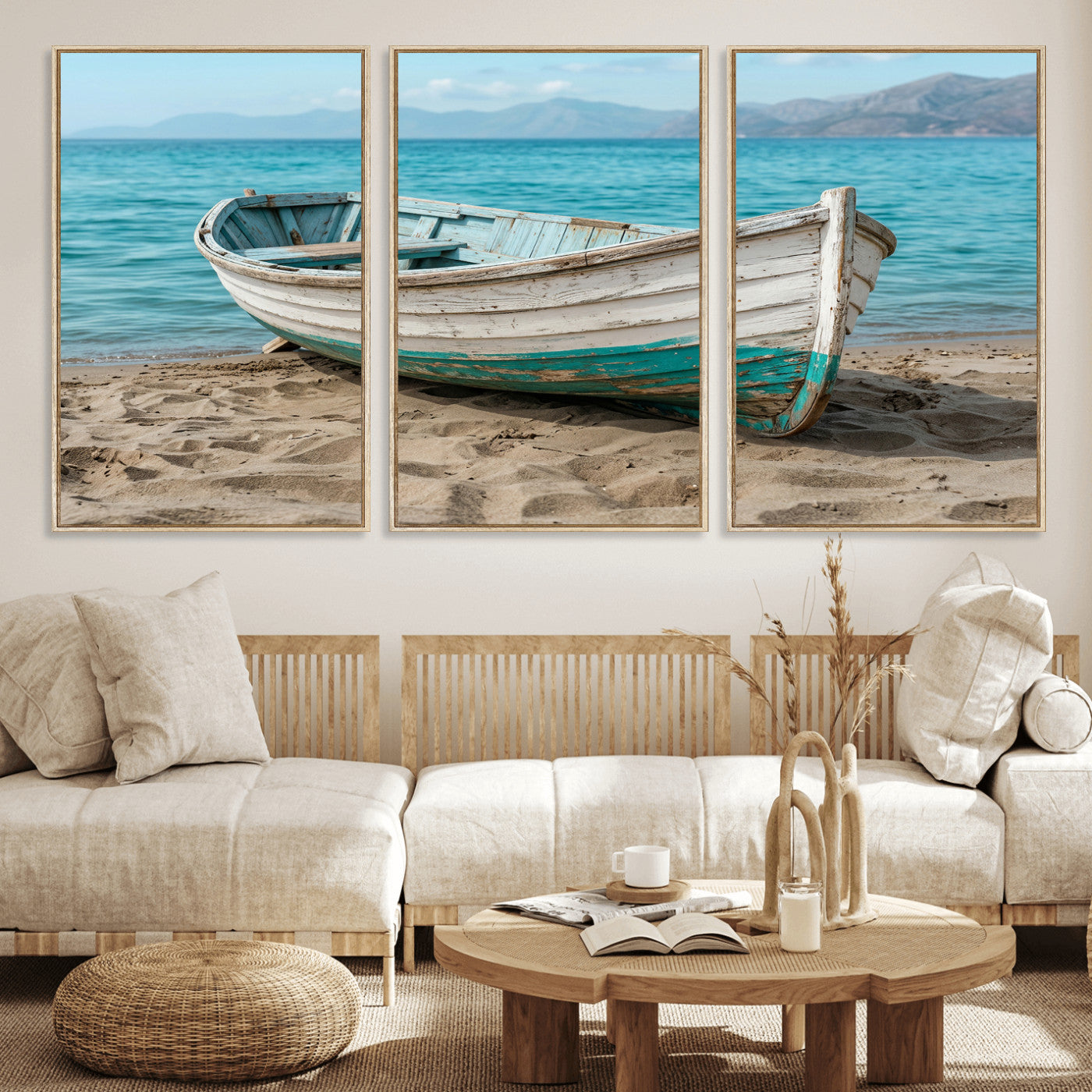 49963709-MGV-CV-36X24 - Coastal Boat Canvas Wall Art Print, Beach Boat Painting, Nautical Ocean Decor, Seascape Wall Art, Ready to Hang