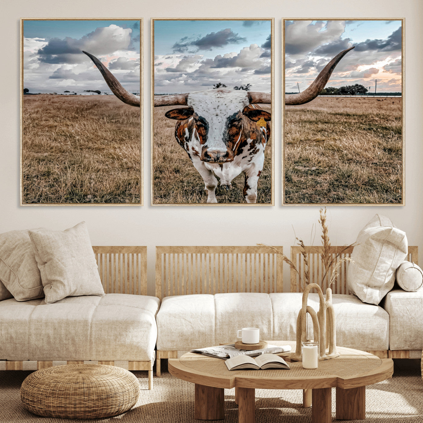 17464823-MGV-CV-36X24 - Texas Longhorn Canvas Wall Art Print, Western Cow Photography, Rustic Ranch Decor, Farmhouse Wall Art, Ready to Hang
