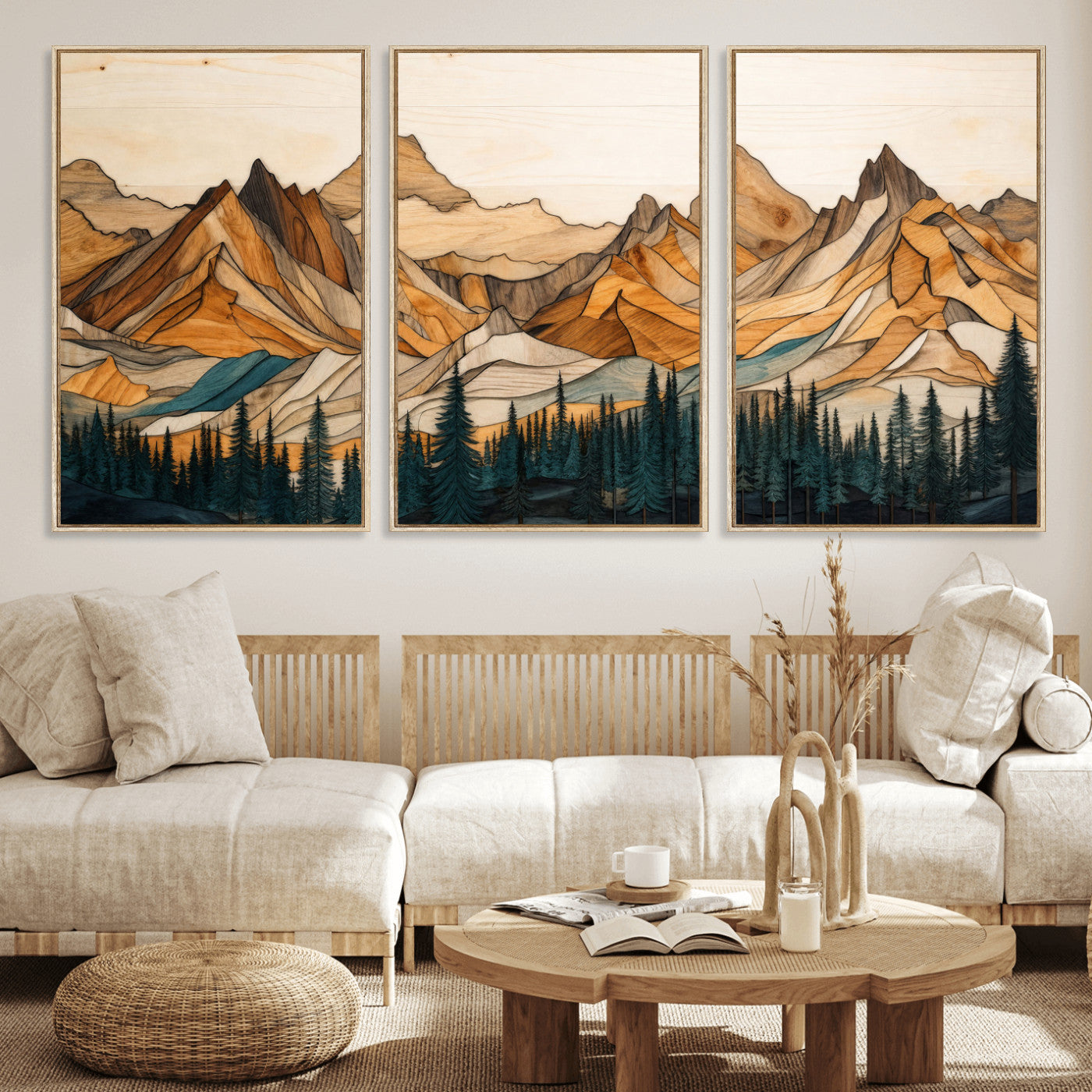 57384313-MGV-CV-60X30-3P - Mountain Landscape Canvas Wall Art with Wood Grain Effect, Golden Peaks and Teal Pine Forest, Framed Cabin Decor