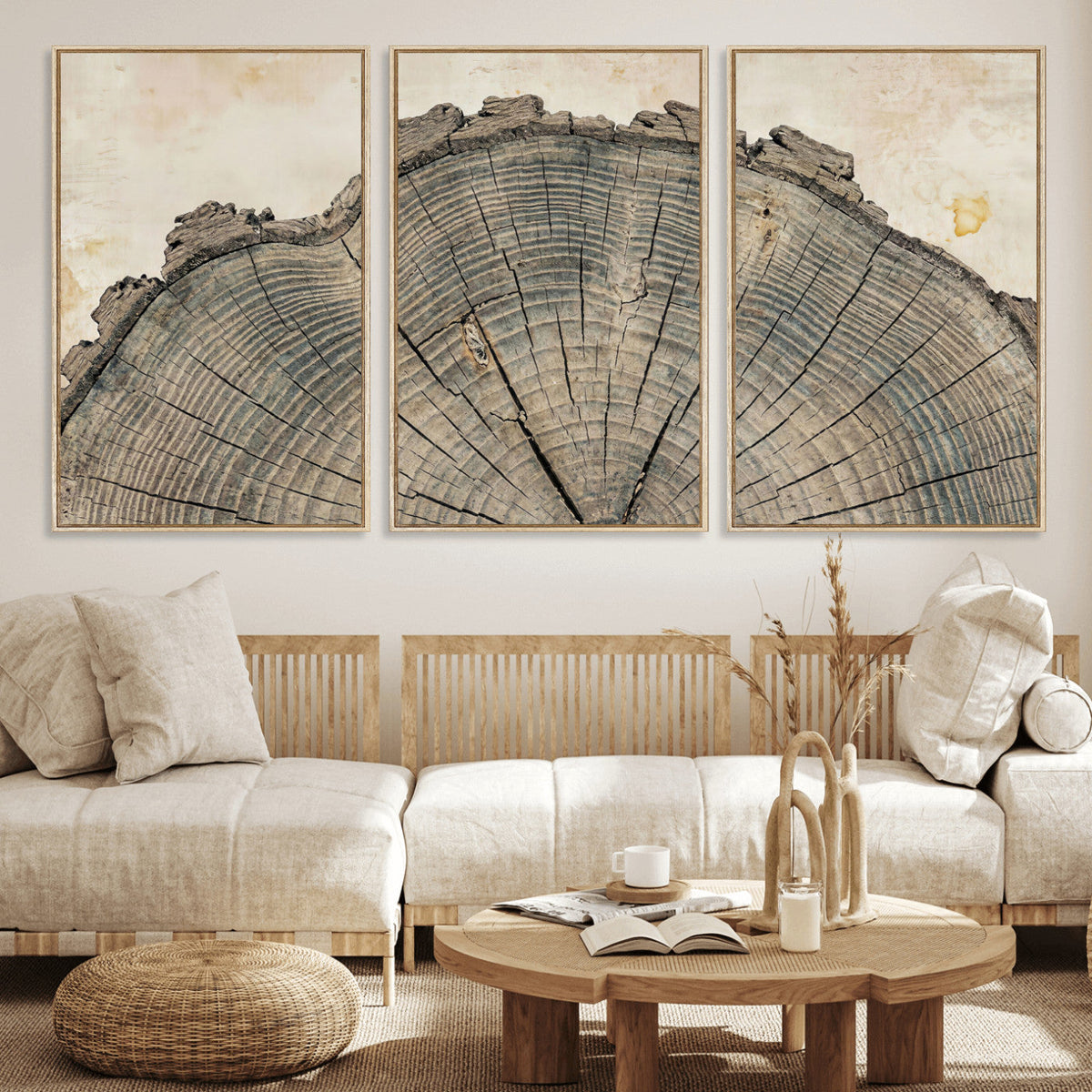 34201080-MGV-CV-60X30-3P - Tree Ring Canvas Wall Art in Neutral Earth Tones, Framed Wood Slice Print for Rustic and Japandi Interiors