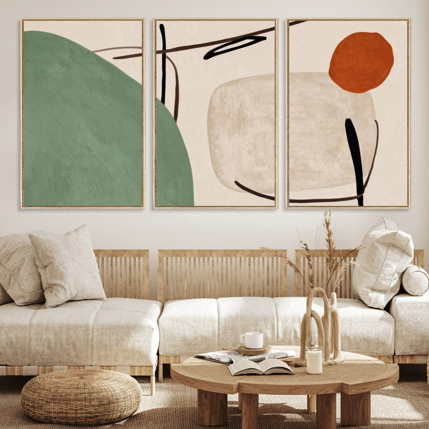 46798824-MGV-CV-48X32-3P - Mid Century Modern Geometric Canvas Wall Art, Abstract Triptych Print