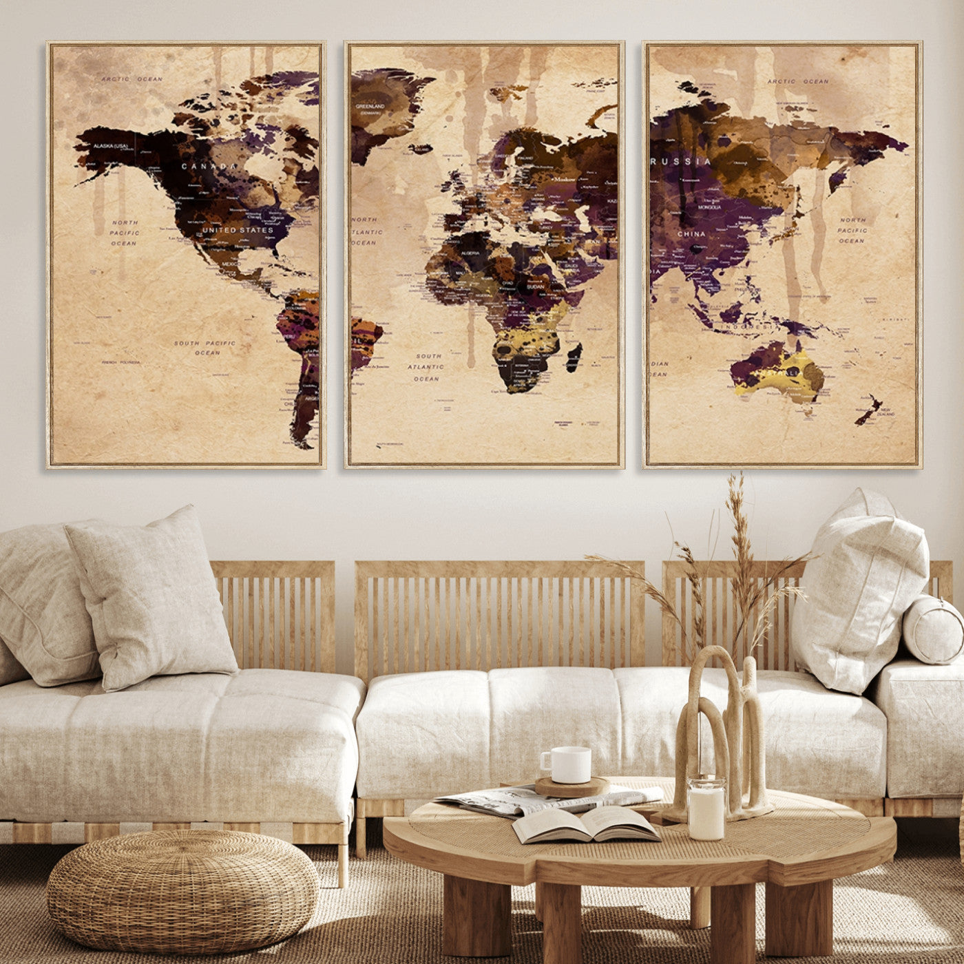 47333-MGV-FC-60X30-3P_Natural-Vintage World Map Canvas Wall Art – Framed Push Pin Travel Map for Home and Office Decor