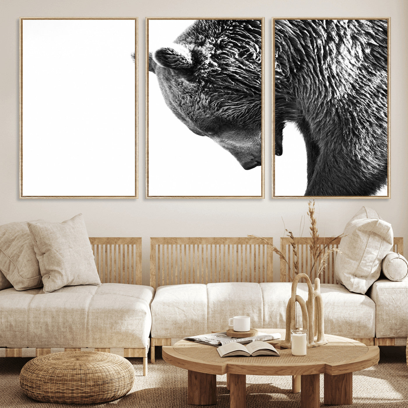 35398-MGV-FC-60X30-3P_Natural-Black and White Grizzly 399 Bear Canvas Print Wall Art | Large Wildlife Canvas Print for Living