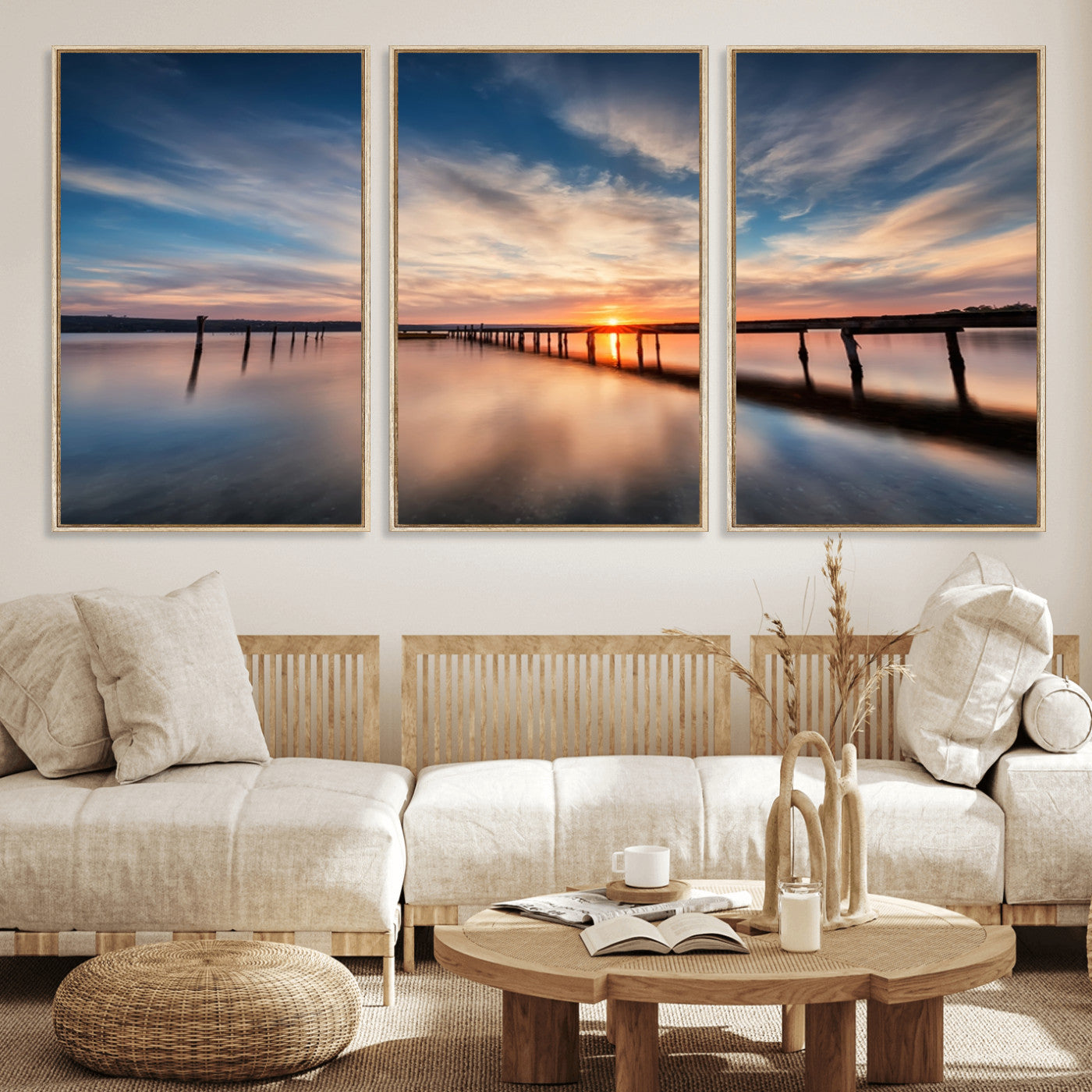 39967-MGV-FC-60X30-3P_Natural-Wooden Pier on Seascape and Sunset Wall Art Canvas Print