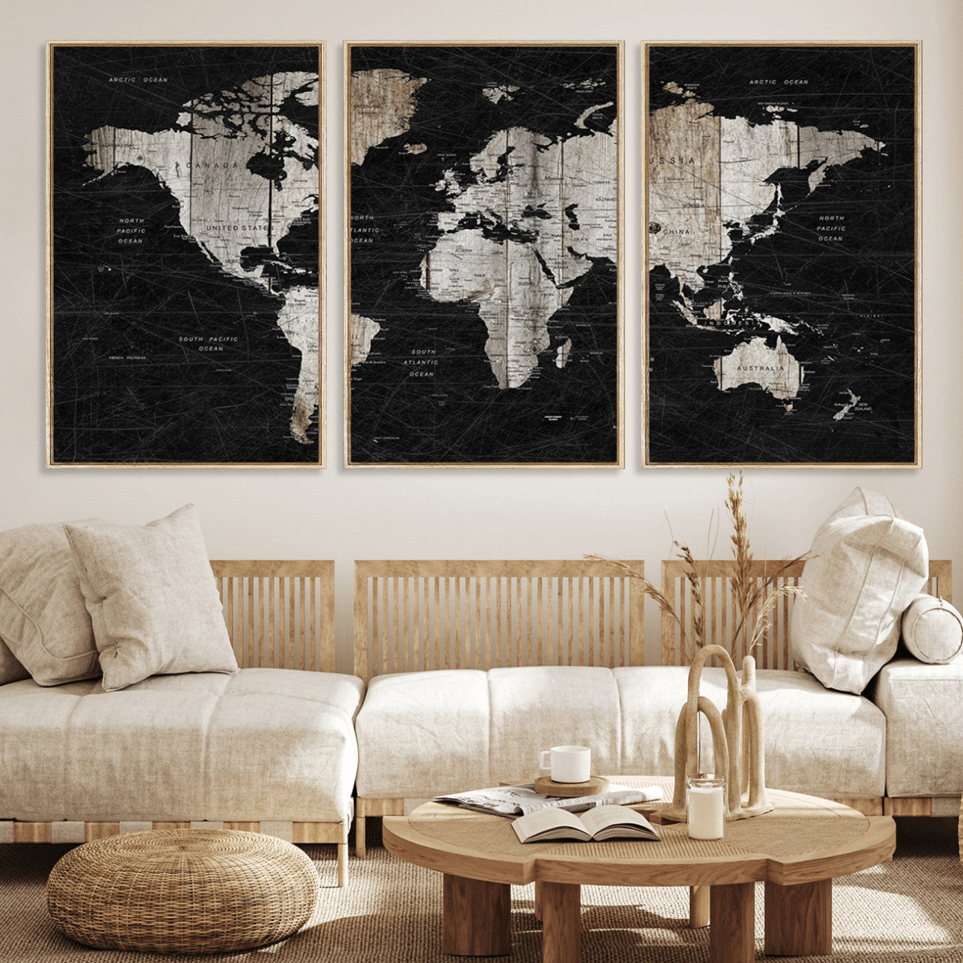 89998-MGV-CV-36X24-Rustic Black and Wood World Map Canvas Wall Art – Framed Push Pin Travel Map for Home and Office Decor, Modern Vintage Wall Artwork