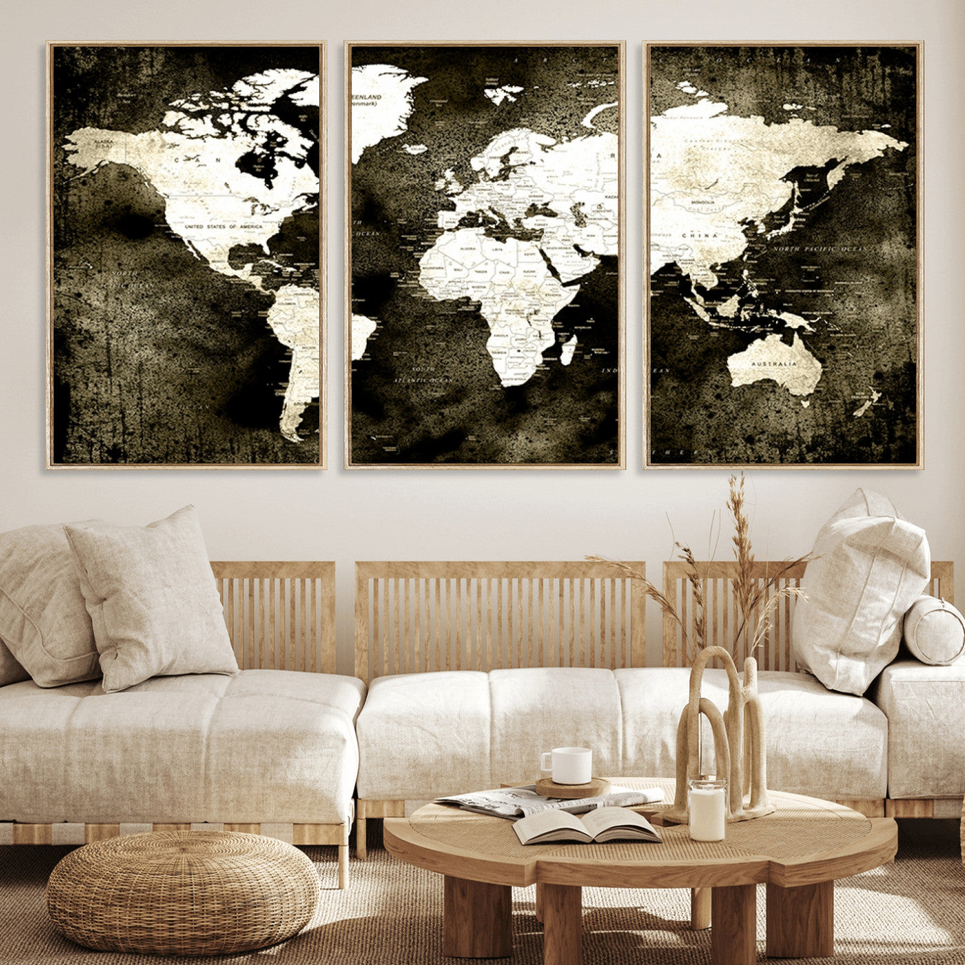 66737-MGV-FC-60X30-3P_Natural-Vintage World Map Canvas Wall Art – Framed Push Pin Travel Map for Home and Office Decor, Rustic Wall Artwork for Travelers