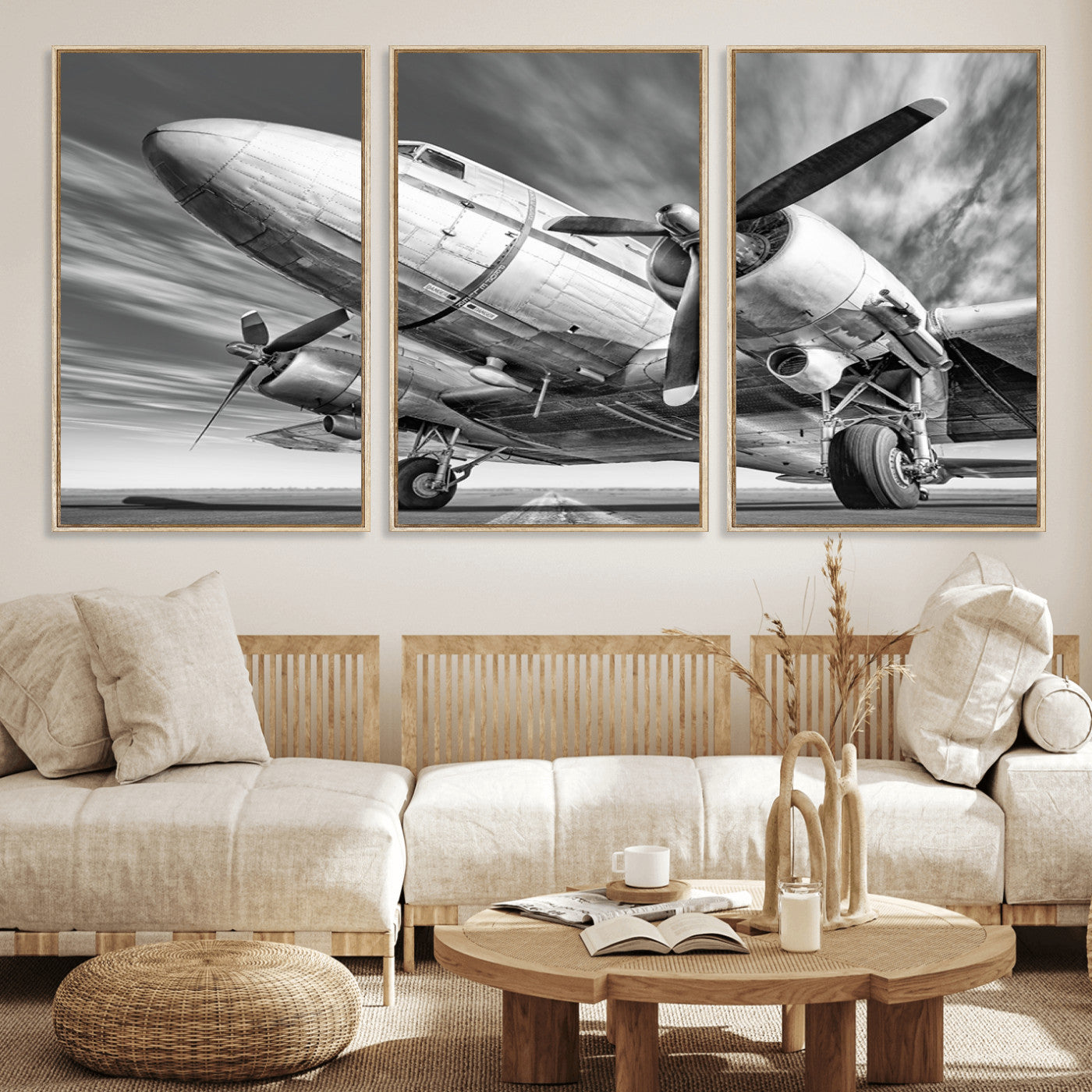 82744-MGV-FC-60X30-3P_Natural-Vintage Airplane on Runway Canvas Print