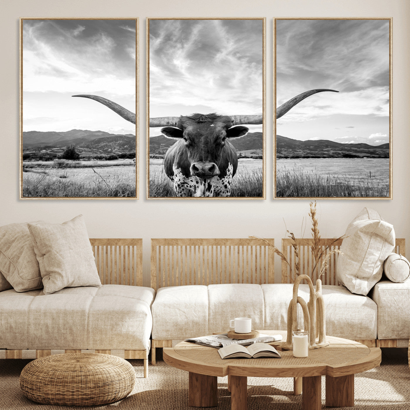 79527-MGV-FC-60X30-3P_Natural-Longhorn Black and White Wall Art – Rustic Western Bull Canvas Print, Farmhouse Country Decor for Living Room, Office or Ranch, Cowboy Wall Artwork