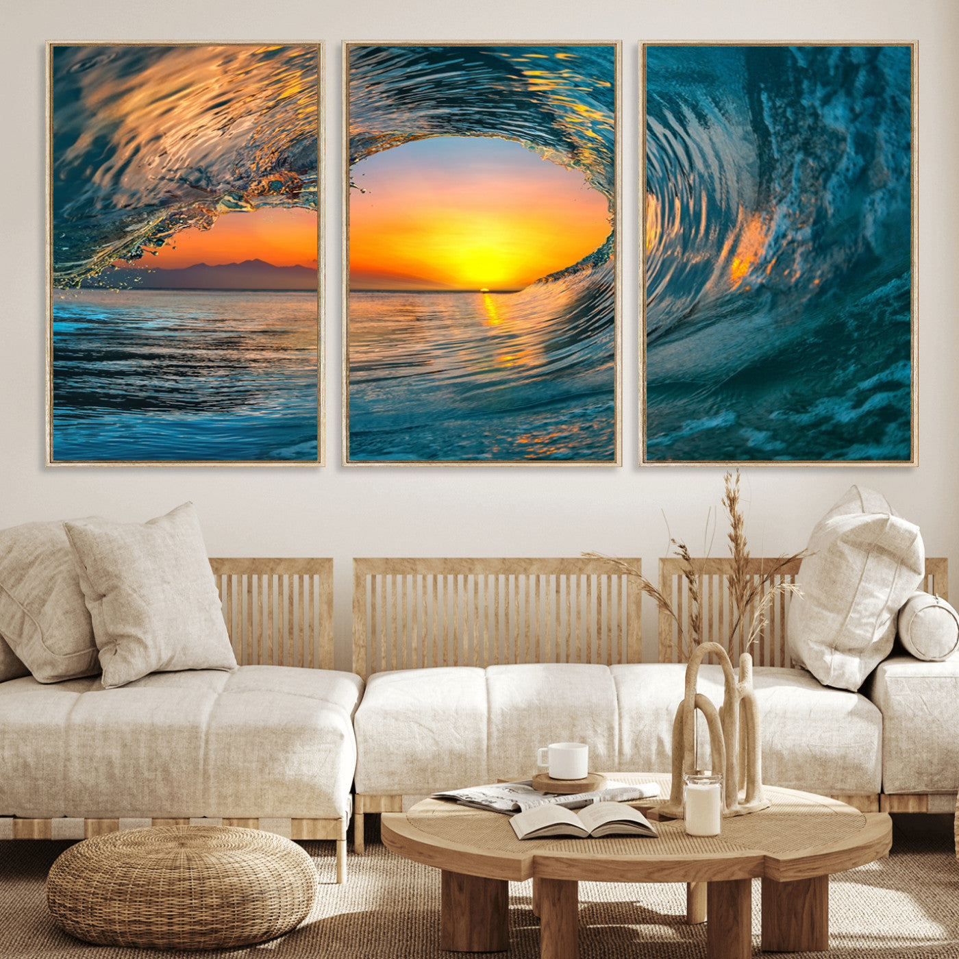 84279-MGV-CV-36X24-Ocean Wave Sunset Wall Art | Large Coastal Wave Canvas Print | 3-Panel Ocean Sunset Seascape for