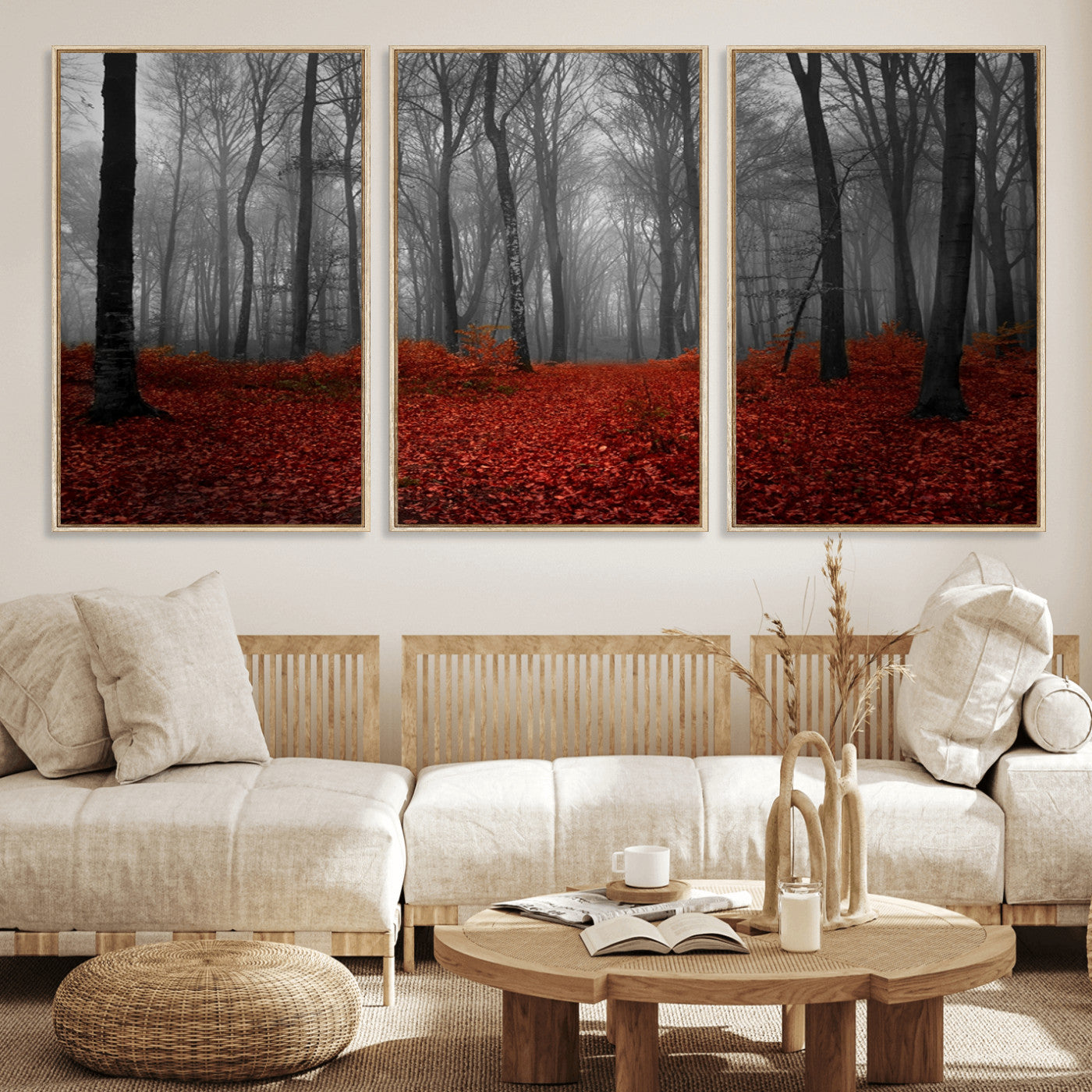 -Red Forest Floor Canvas Wall Art – Mystical Foggy Woodland Triptych – Nature-Inspired Decor for