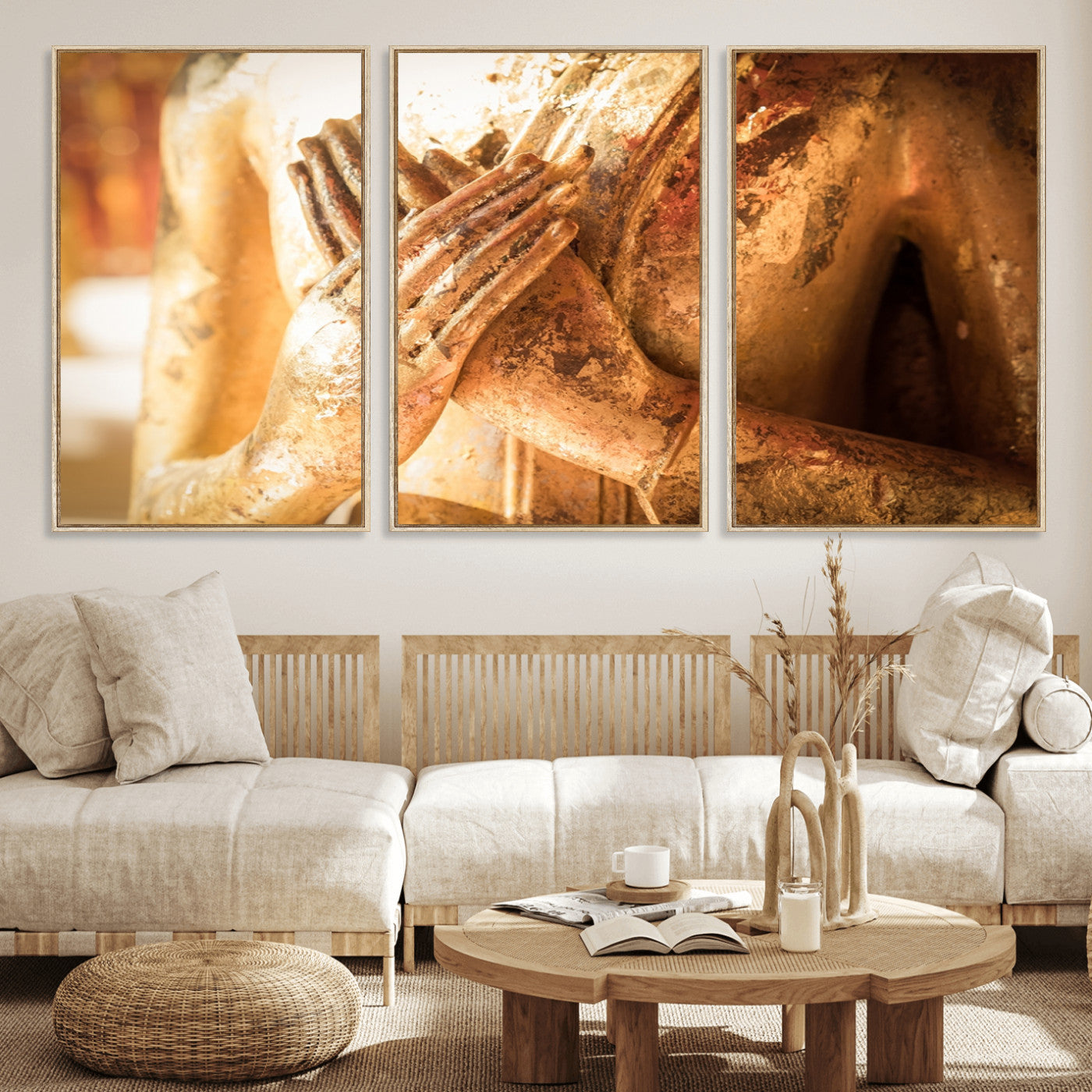 87005-MGV-FC-60X30-3P_Natural-Buddha Statue Hands Wall Art Canvas Print