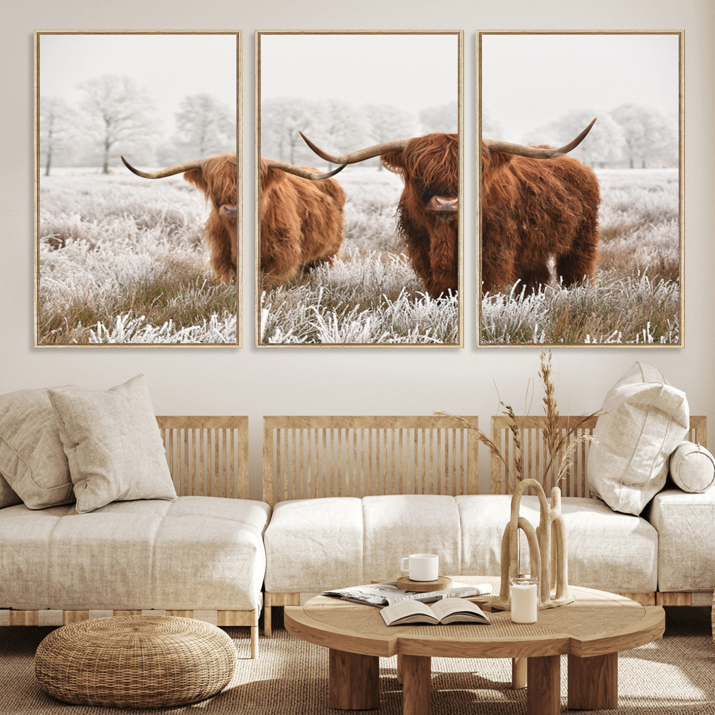60379-MGV-FC-60X30-3P_Natural-Longhorn Cattle Wall Art Canvas Print, Framed Farmhouse Style Art Picture Print, Rustic Cow Perfect Rustic Farmhouse Decor Artwork