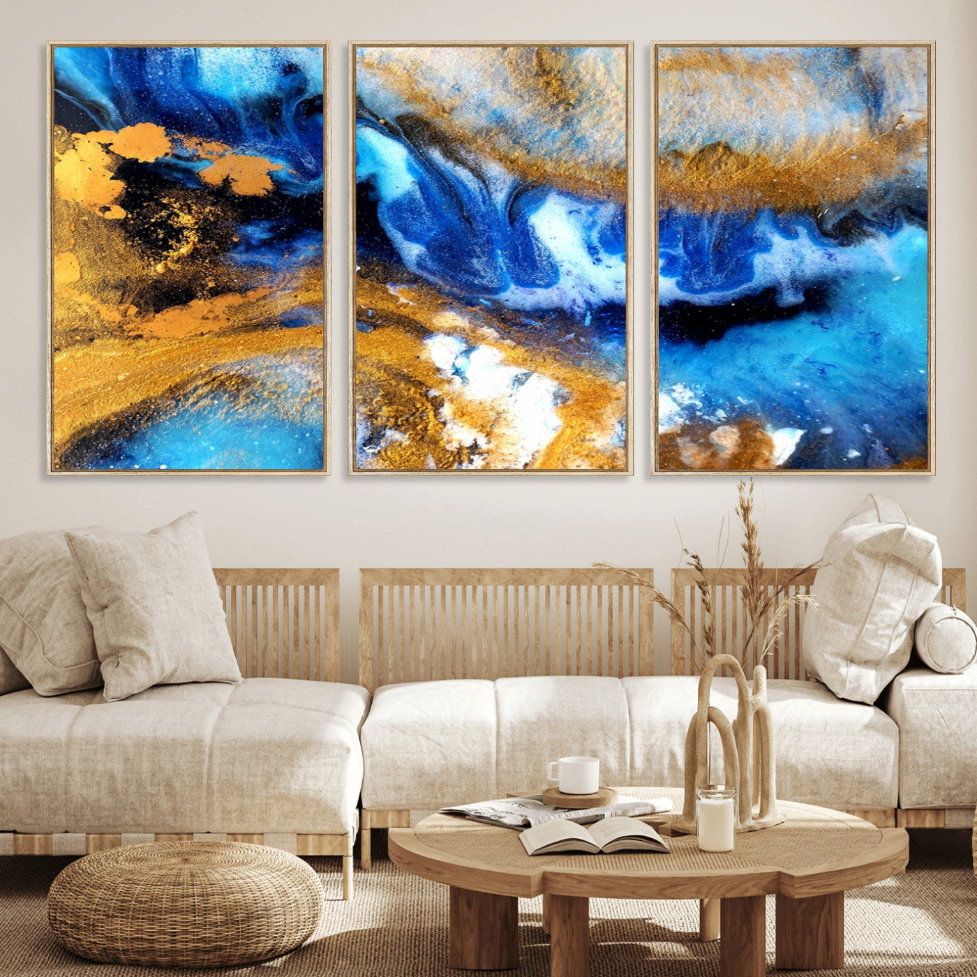 42100-MGV-FC-60X30-3P_Natural-Blue Orange Marble Fluid Effect Canvas Wall Art Print