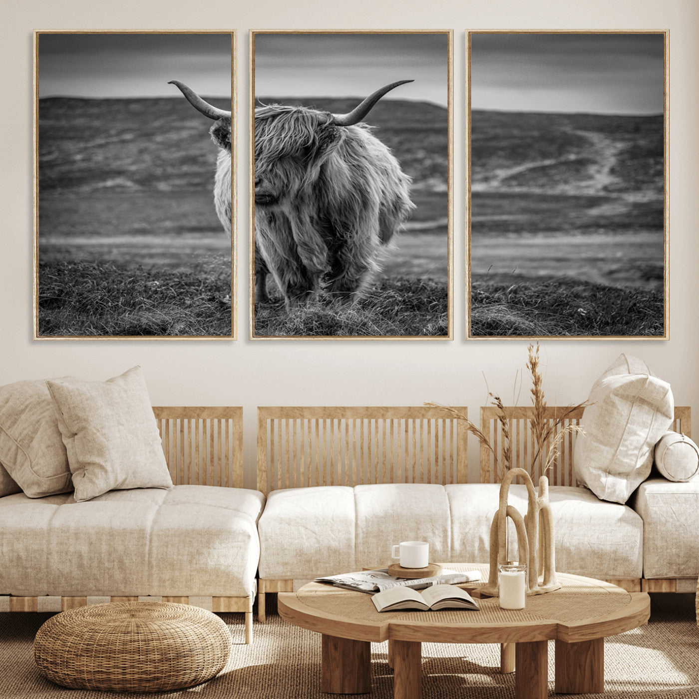 -Fluffy Cattle Wall Art Print, Highland Cow Canvas, Framed Black and white Wall Art