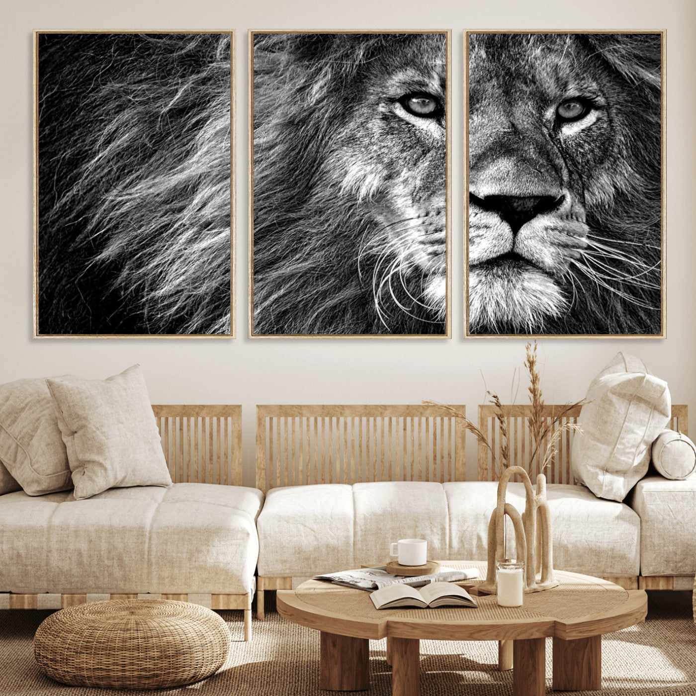 58363-MGV-FC-60X30-3P_Natural-Black and White Lion Canvas Wall Art Print – Wildlife Portrait Artwork for Home, Office, Living Room, Guest Room