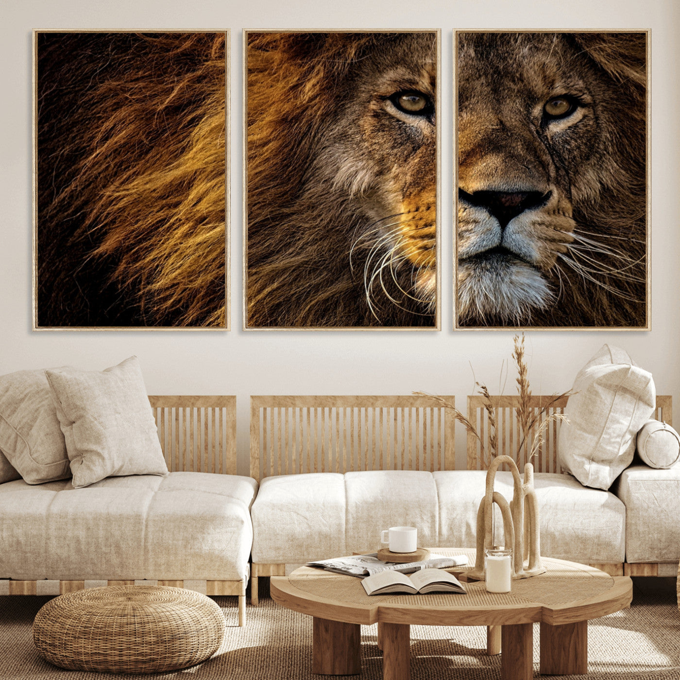 98665-MGV-FC-60X30-3P_Natural-Mighty Lion Wall Art Canvas Print – Majestic Animal Portrait Artwork for Home, Office, Living Room, Guest Room