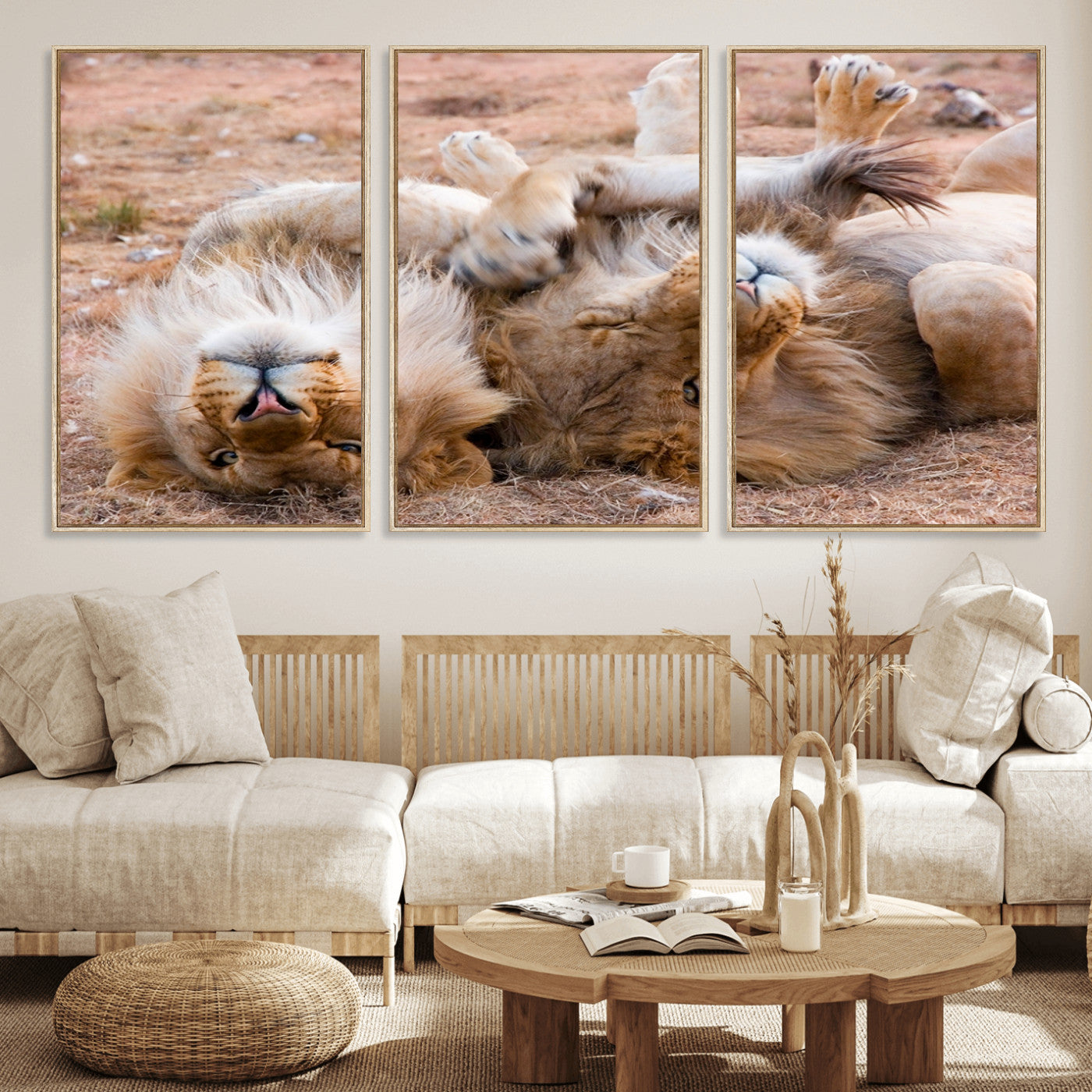 62598-MGV-FC-60X30-3P_Natural-Lion Pair Wall Art Canvas Print – Framed Wildlife Scene with Playful Lions Artwork for Home, Office, Living Room
