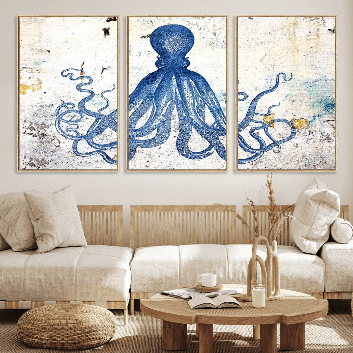 38211-MGV-FC-60X30-3P_Natural-Octopus Canvas Wall Art | Coastal Marine Life Artwork for Living Room, Bedroom, or Office |