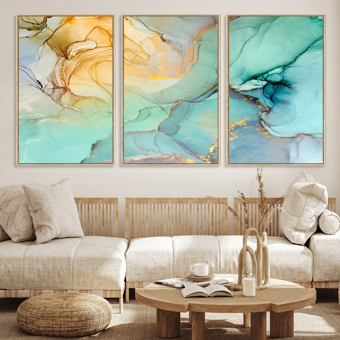 47242-MGV-FC-60X30-3P_Natural-Green Marble Fluid Effect Wall Art Abstract Canvas Wall Art Print