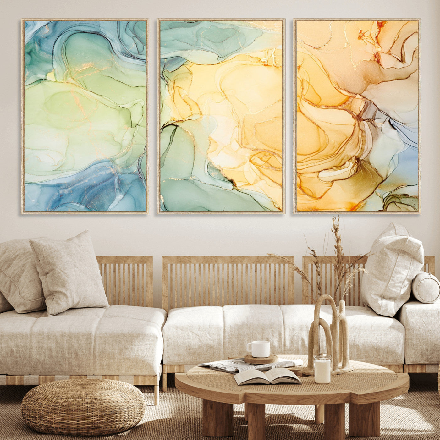 42195-MGV-FC-60X30-3P_Natural-Green and Yellow Marble Fluid Effect Wall Art, Green and Yellow Marble Canvas Wall Art Print