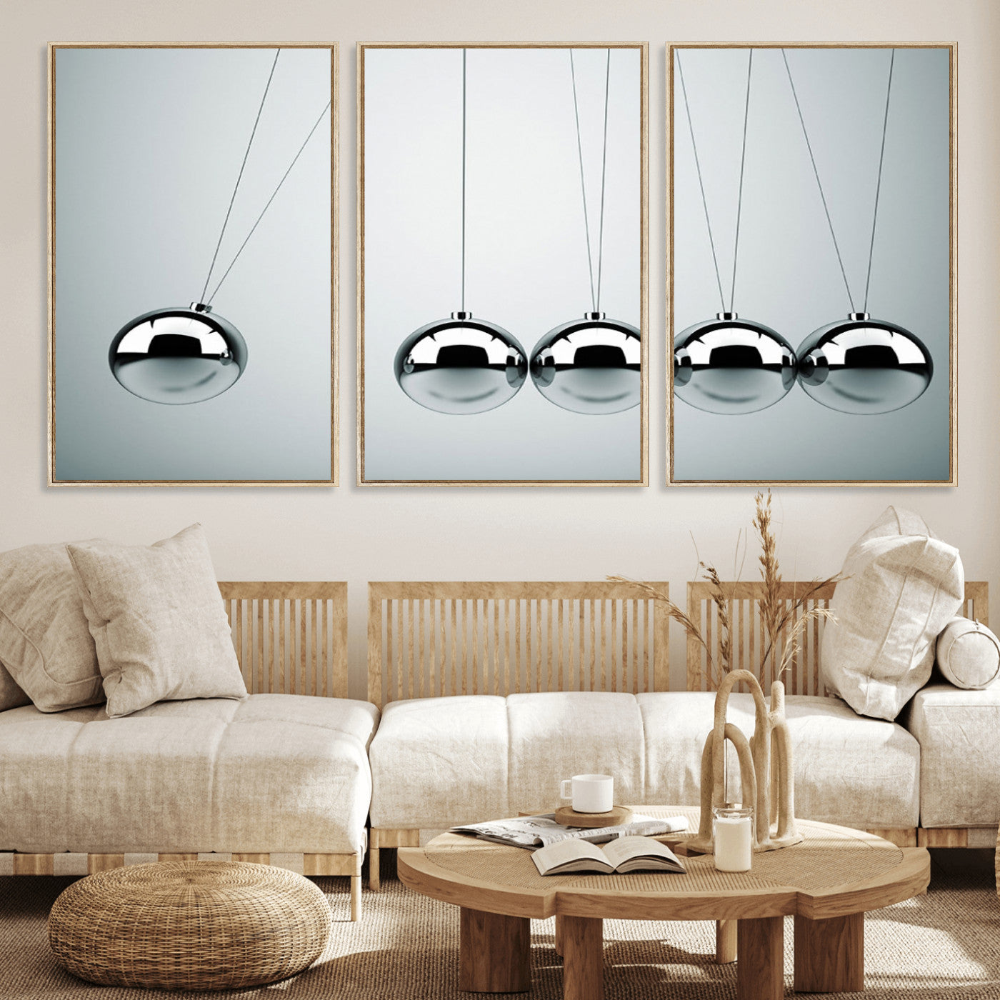 45465-MGV-FC-60X30-3P_Natural-Newton's Cradle Wall Art Canvas Print, Framed Newton Cradle Wall Art