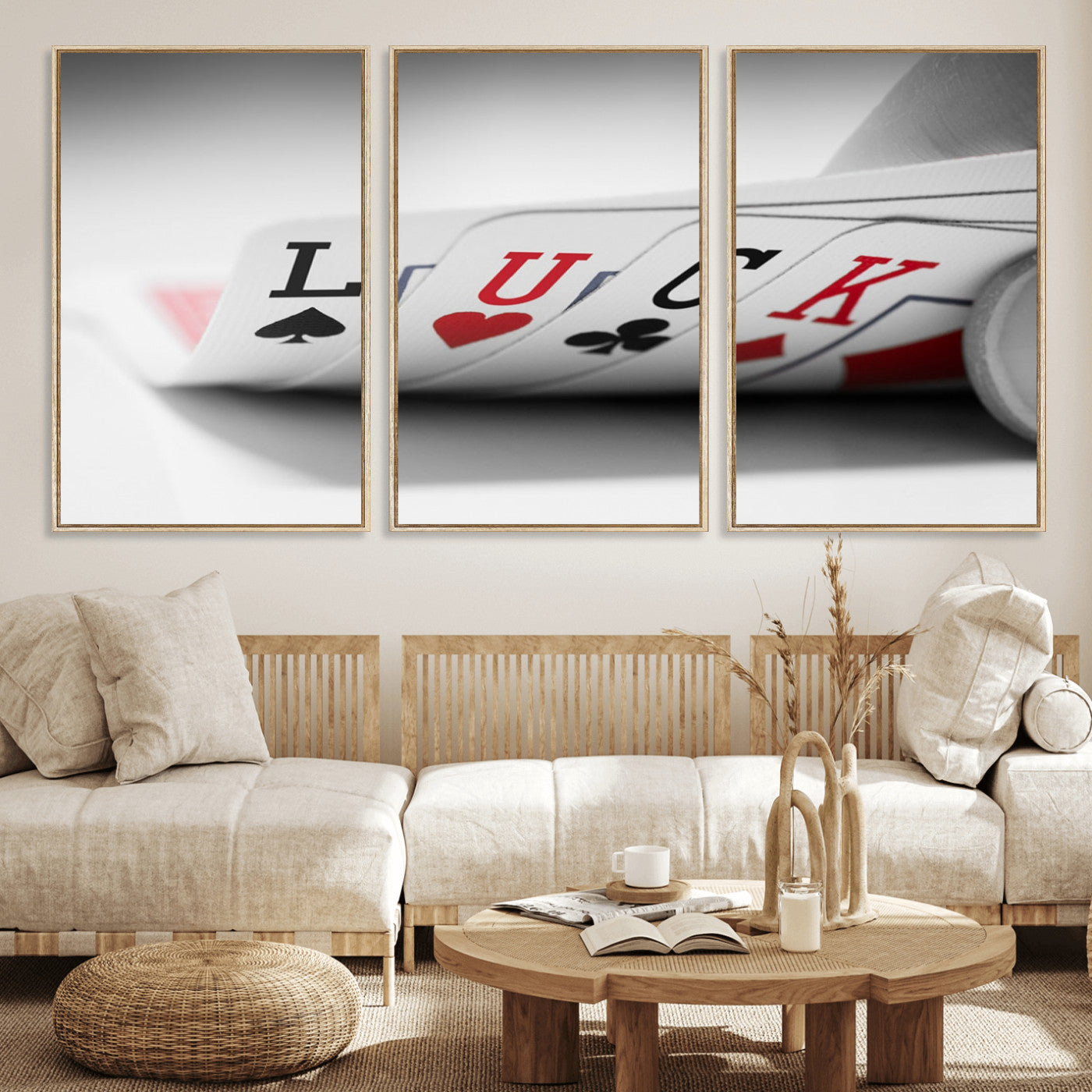 -Framed Luck Poker Cards Canvas – Modern Triptych Wall Art, Ready to Hang for Game Rooms