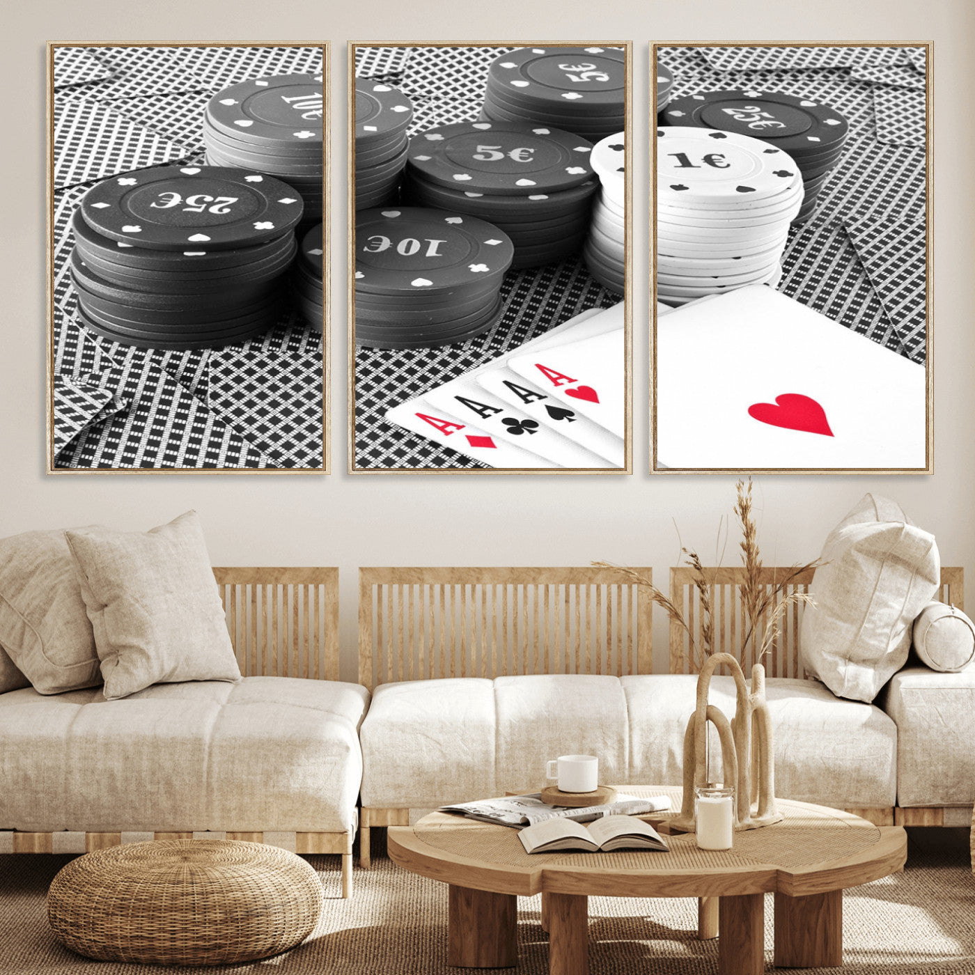 47531-MGV-FC-60X30-3P_Natural-Poker Game Cards Wall Art Canvas, Multi Panel Wall Art Canvas Print