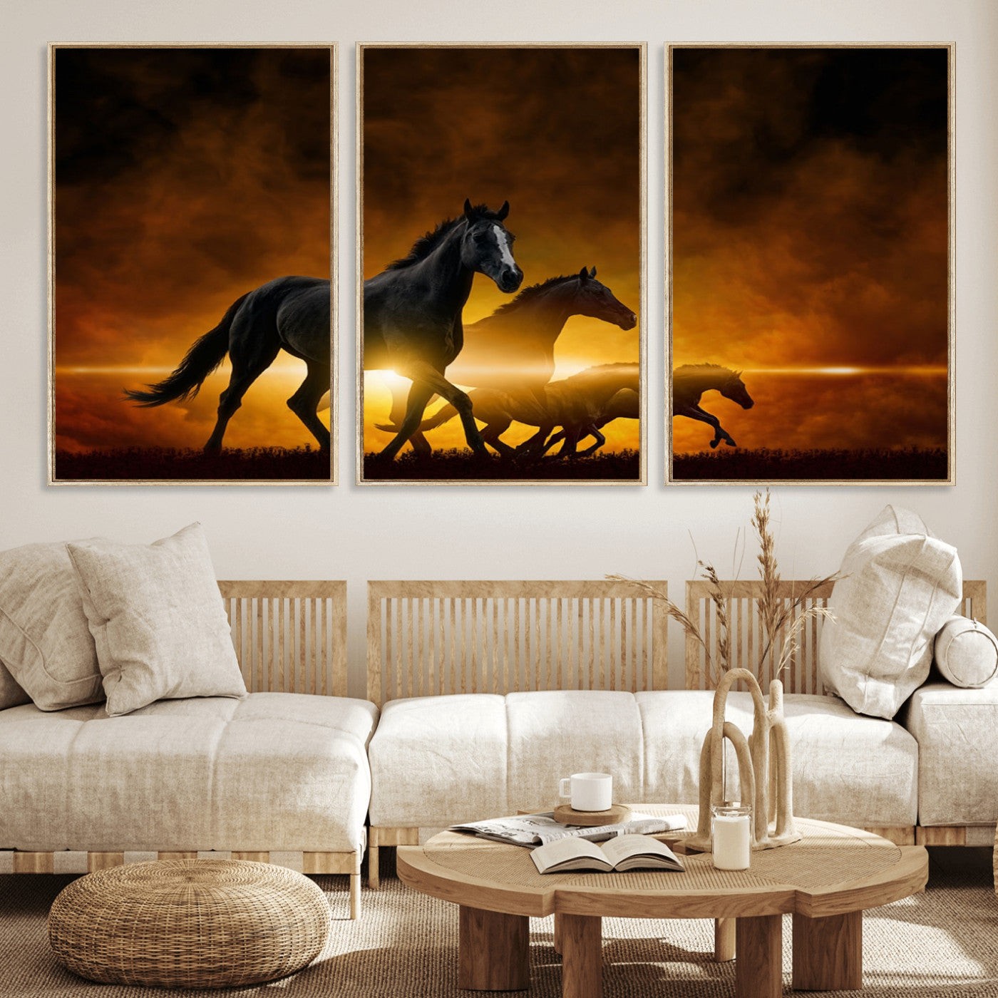 56665-MGV-FC-60X30-3P_Natural-Horse Wall Art Canvas Print, Multi Panel Animal Canvas Print