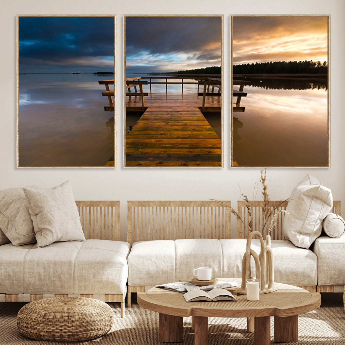 -Serene Lake Pier at Sunset Canvas Print | Landscape Canvas Print | Ready to Hang and Framed Wall Art