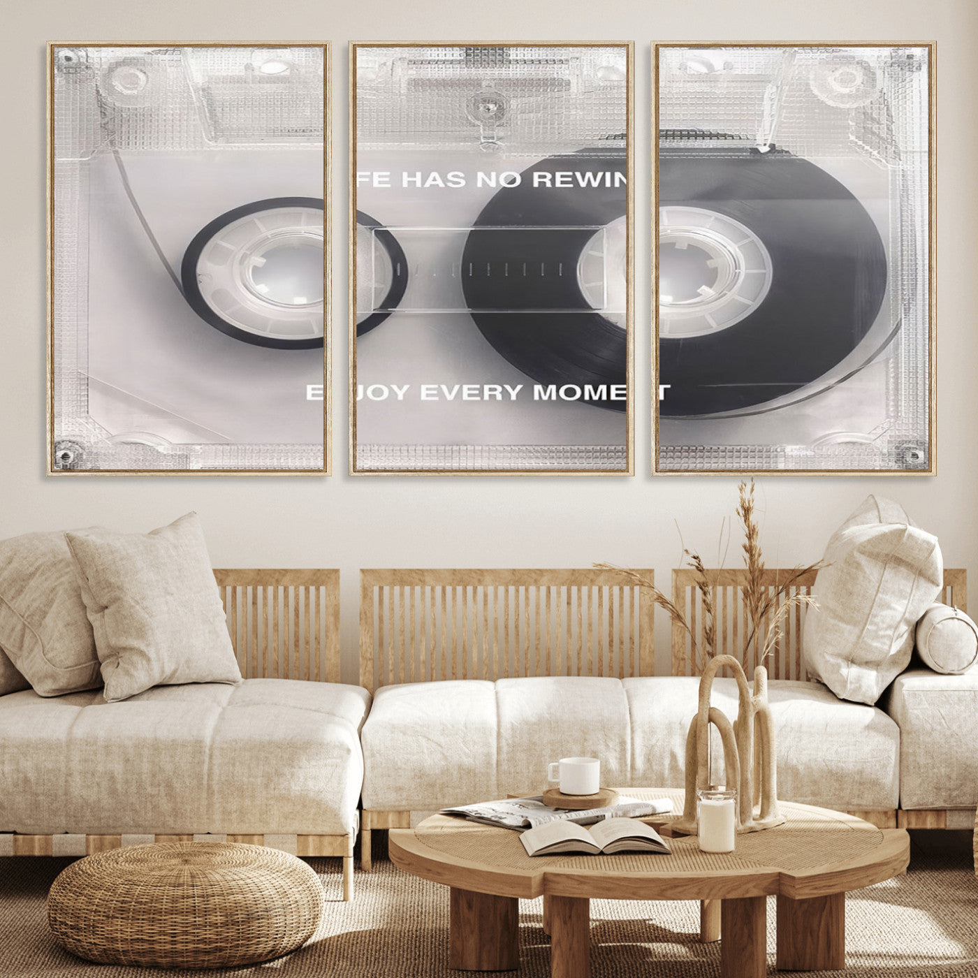 54028-MGV-FC-60X30-3P_Natural-Vintage Cassette Tape Canvas Wall Art - Inspirational 'Life Has No Rewind' Quote, Retro Music Decor